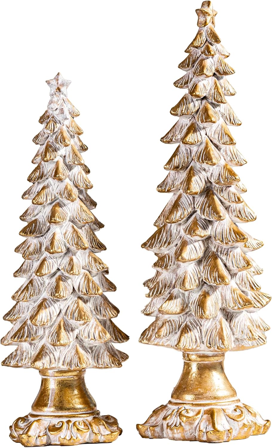 butiliveen gold christmas tree figurines set of 2, vintage christmas decor for tabletop and mantle, xmas centerpieces, 12.2 inches to 14.8 inches tall, resin xmas tree-2