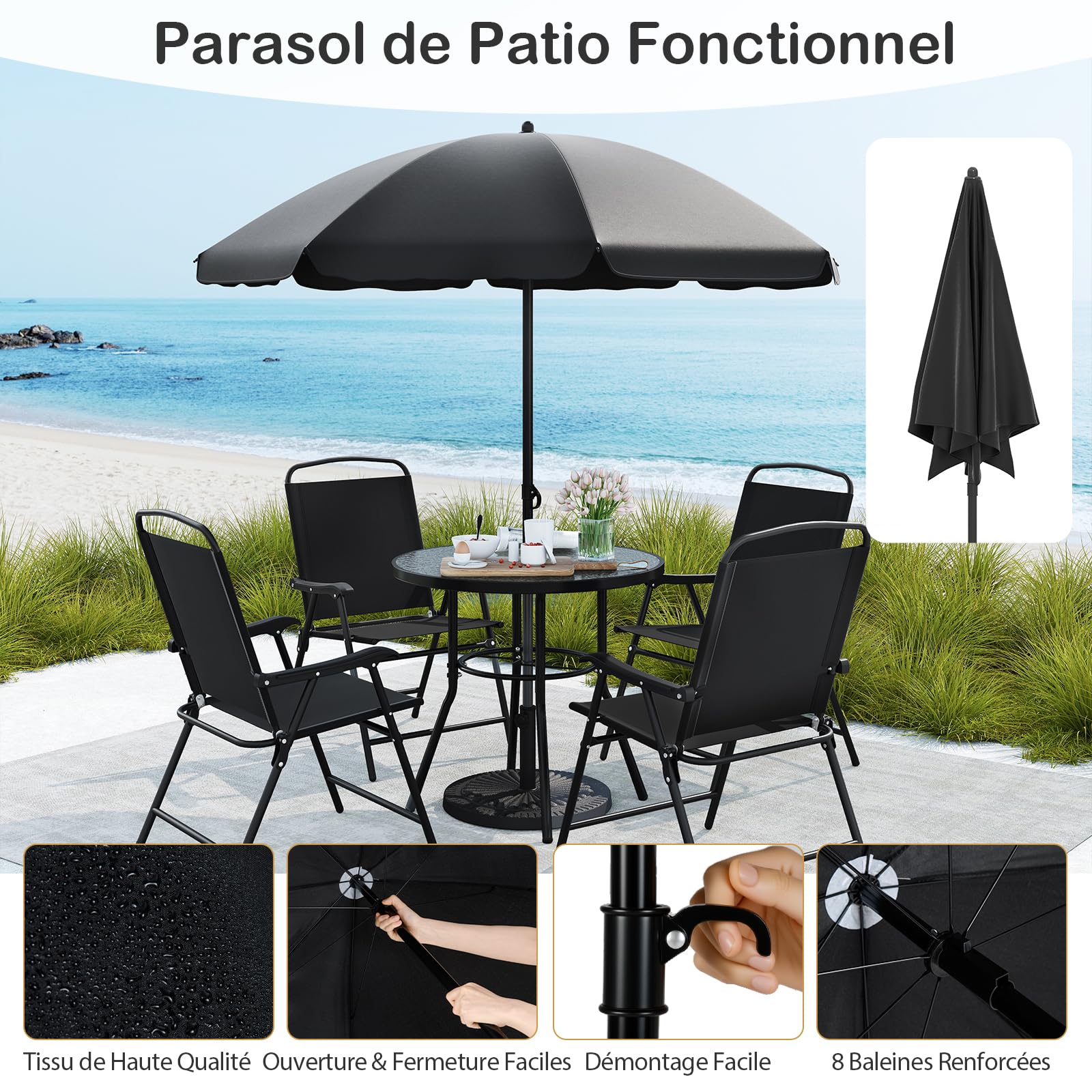 GOPLUS 6Pcs Salon de Jardin Exterieur 4 Personnes avec 4 Chaises Pliantes en Textilène, Table Basse en Verre Trempé et Parasol Jardin, pour Patio, Balcon et Terrasse (Table+Chaises+Parasol,Noir)