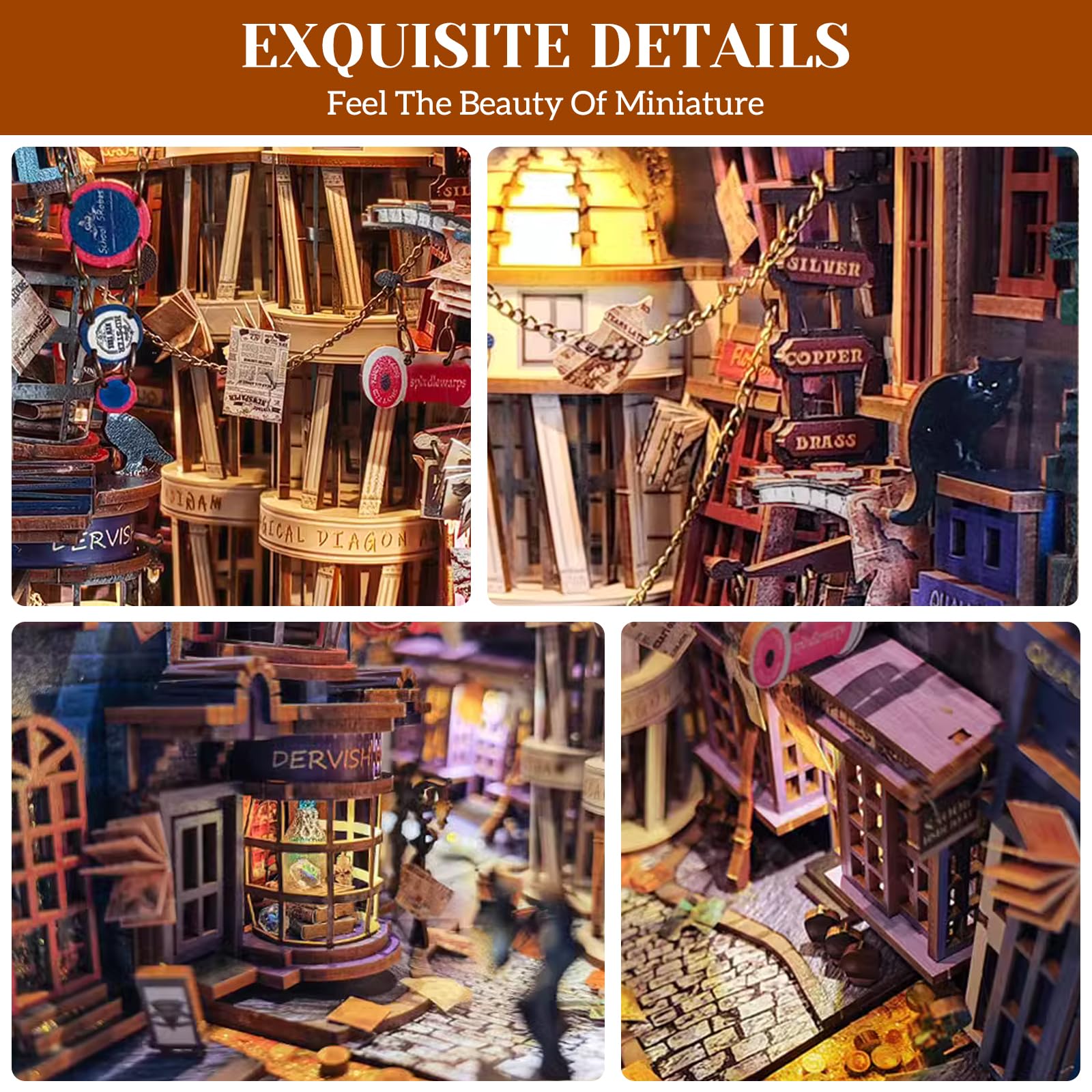 RONSTONE Book Nook - Vicolo Magico Notturno Casa Delle Bambole con Copertura Antipolvere e Luce LED - Puzzle 3D Fermalibri in Legno Inserto per Libreria Regalo Creativo