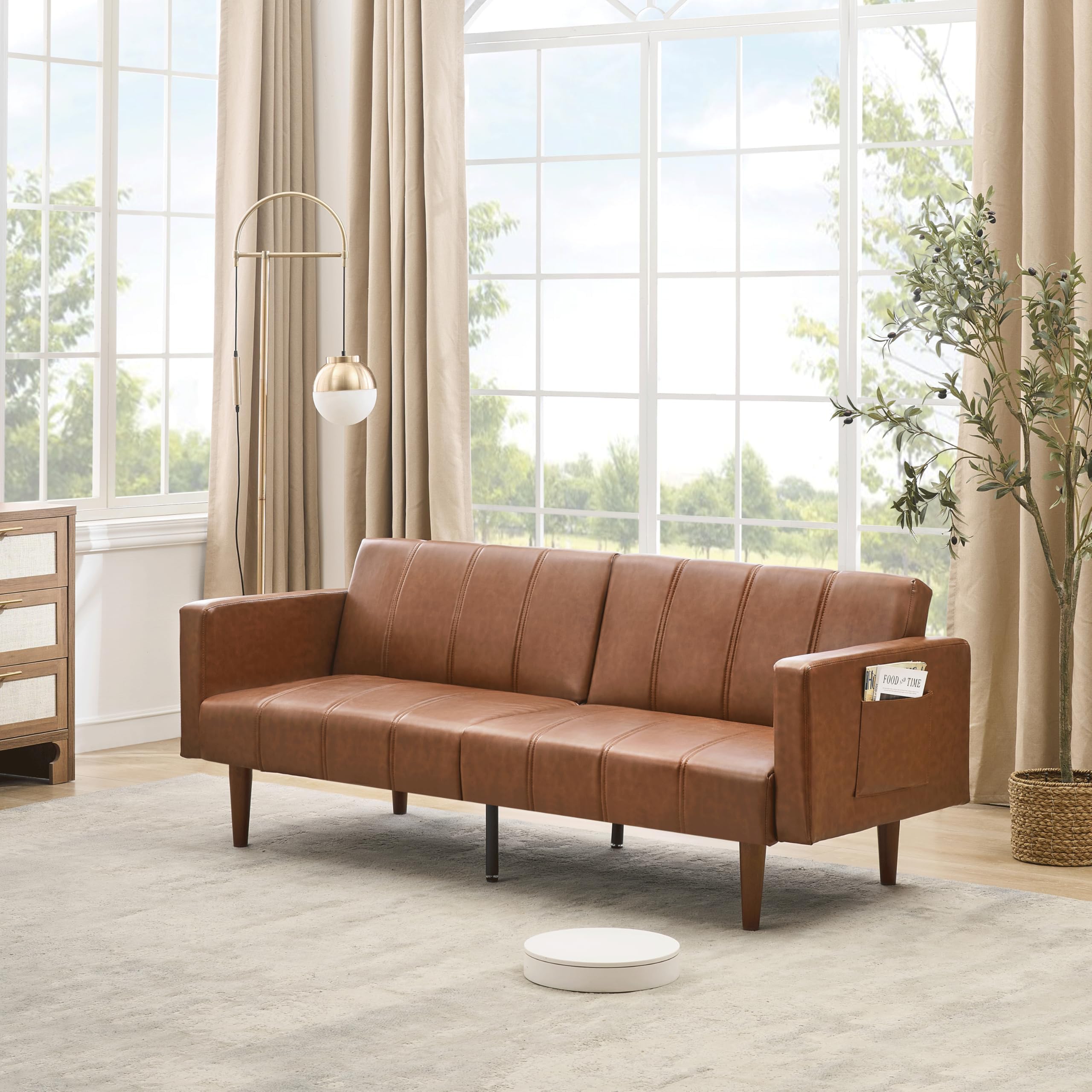 Garvee Modern Futon Sofa Bed, Convertible 75" Sleeper with Adjustable Backrest & Side Pockets, Mid-Century Brown PU Leather | Backrest & Side Pockets, Mid-Century Brown PU Leather