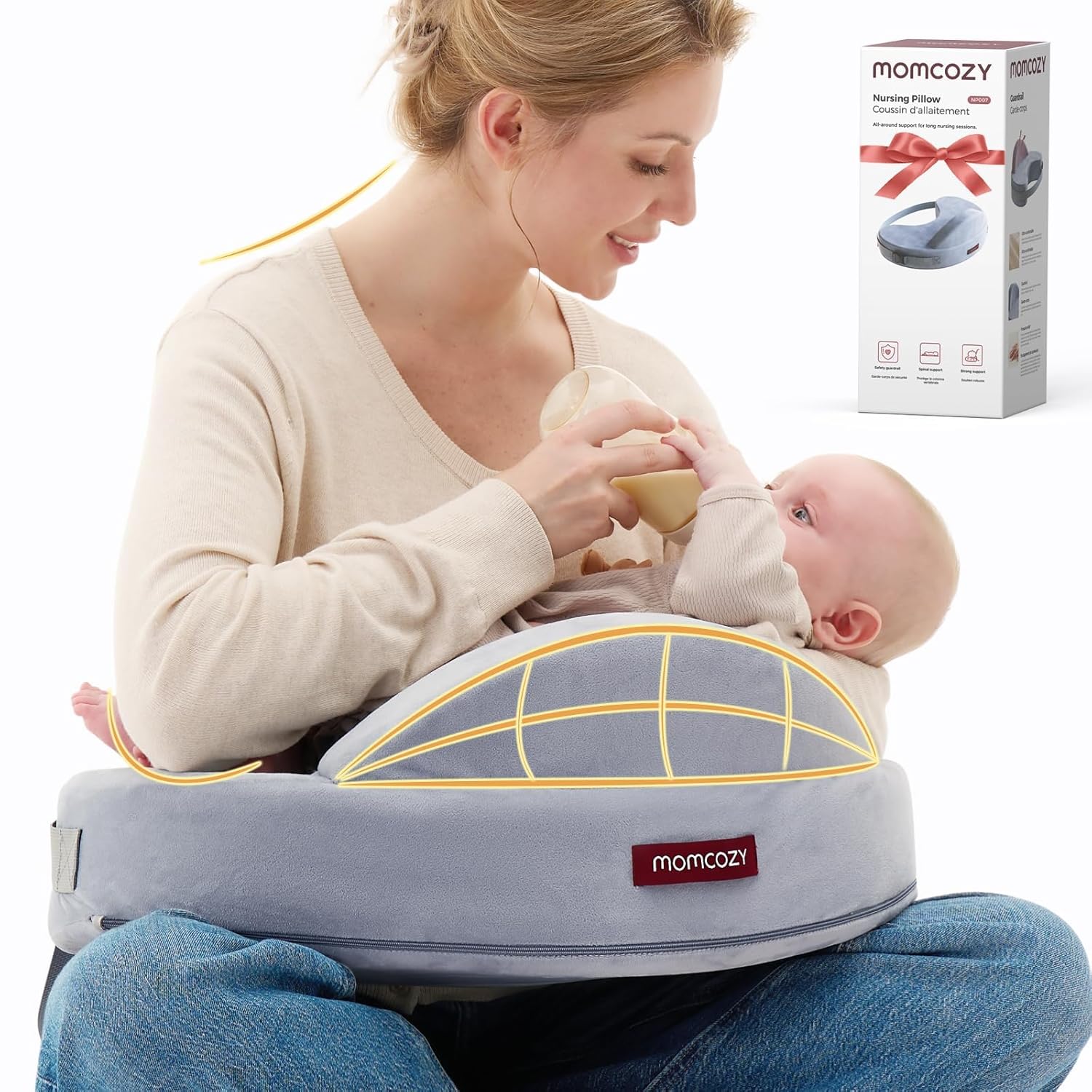 Momcozy Innovative Safety Fence Nursing Pillow - Firm &amp; Springy Memory Foam - Stable, Ergonomic Support &amp; Comfort - Wider Breastfeeding Cushion, Adjustable, Removable Cover, Baby Safety Certif