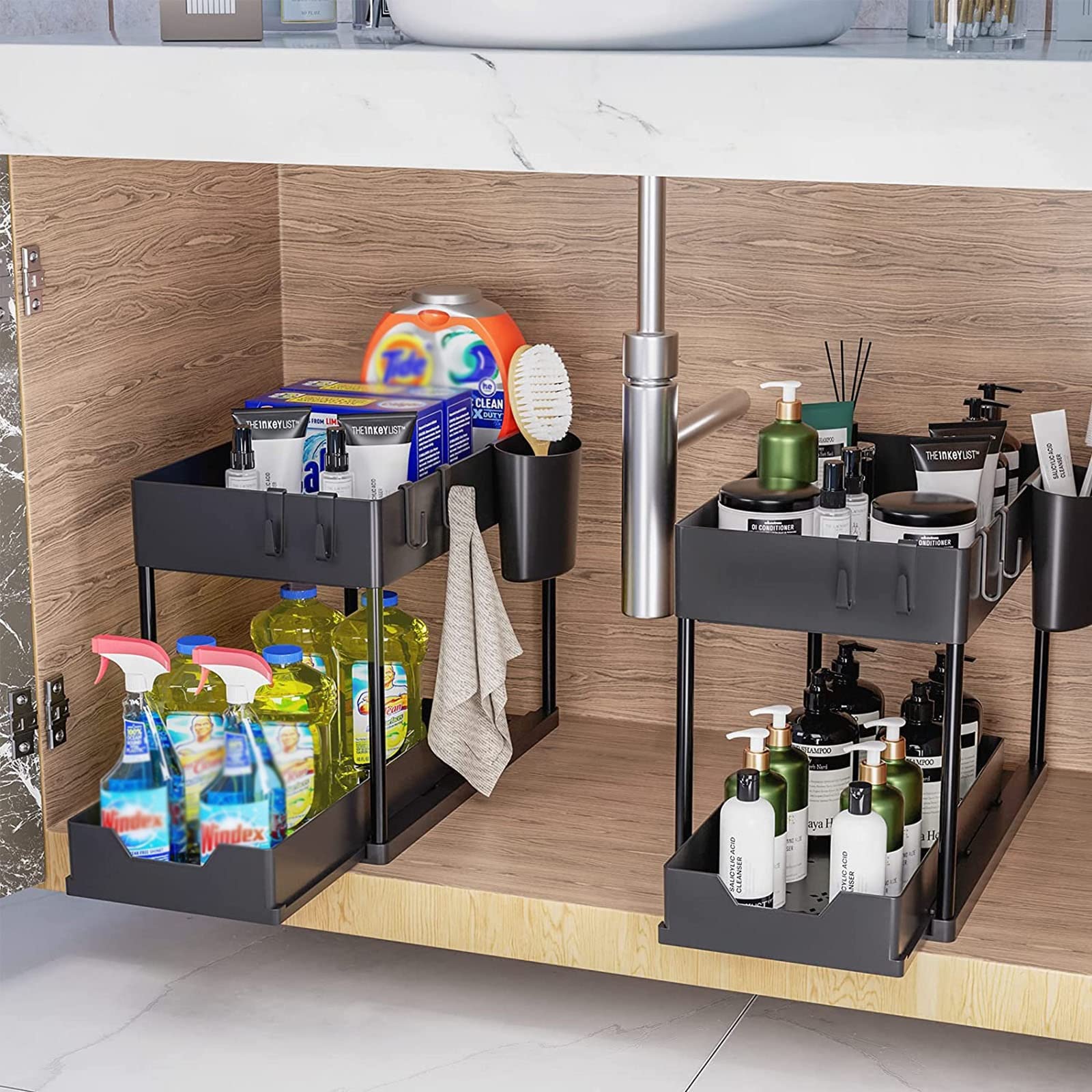 Mehrzweck-Aufbewahrung unter der Spüle, verschiebbar, 2-stöckig, Küchen-Organizer für Küche, Badezimmer, Schlafzimmer, Büro, unter der Spüle, Aufbewahrungs-Organizer mit 4 Haken, Regal unter der Spü