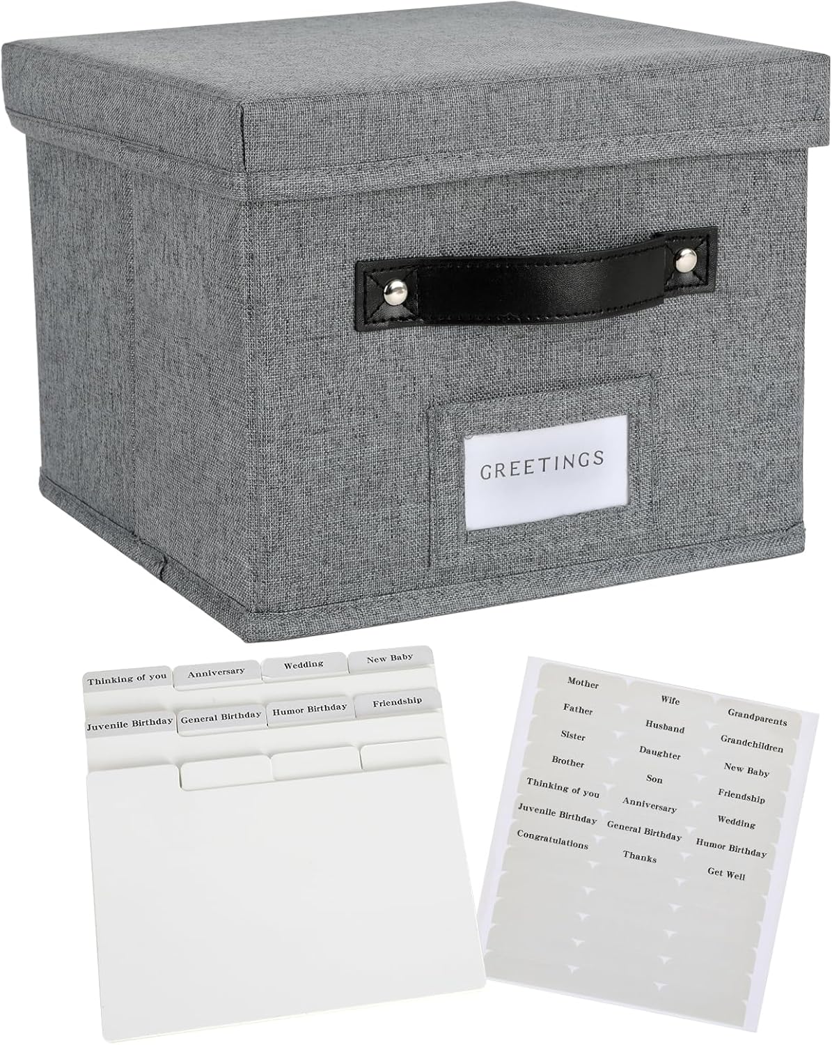 Greeting Card Organizer Box with dividers - Storage Box with lid Holds 150+ Cards - Assortment Box for Greeting Cards,Recipes, Photos, Envelopes, Keepsake - 9 x 9 x 7 Inches (Gray, 1 pcs)