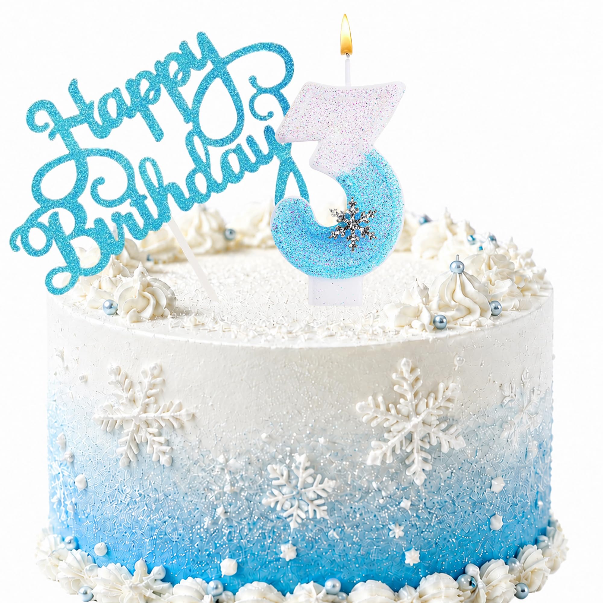 Snowflake Birthday Candles, Blue Glitter Snowflake Number Candle with Themed Birthday Decorations, 2PCS Cake Toppers for Girls Birthday Party (3 Candle,Snowflake)
