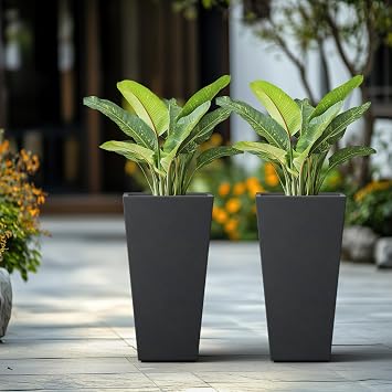 Kante 24.4" H Concrete Tall Tapered Planter Set of 2, Large Outdoor Indoor Garden Plant Pot with Drainage Hole and Rubber Plug Home and Patio, Black Finish