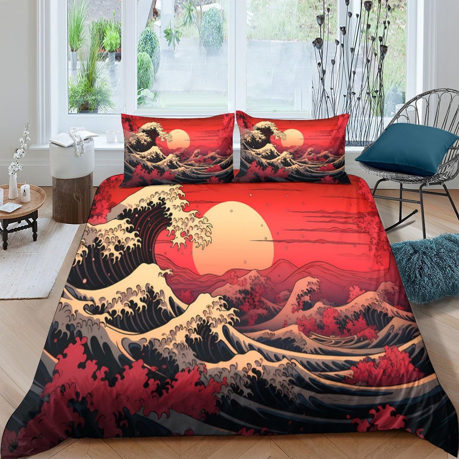 Ctjqhvkz Style-2 3D Printed Red Sunset Wave Fitted Sheet Microfiber Soft Breathable Japanese Art Mattress Cover For Bedroom Decor Single（135X200cm）