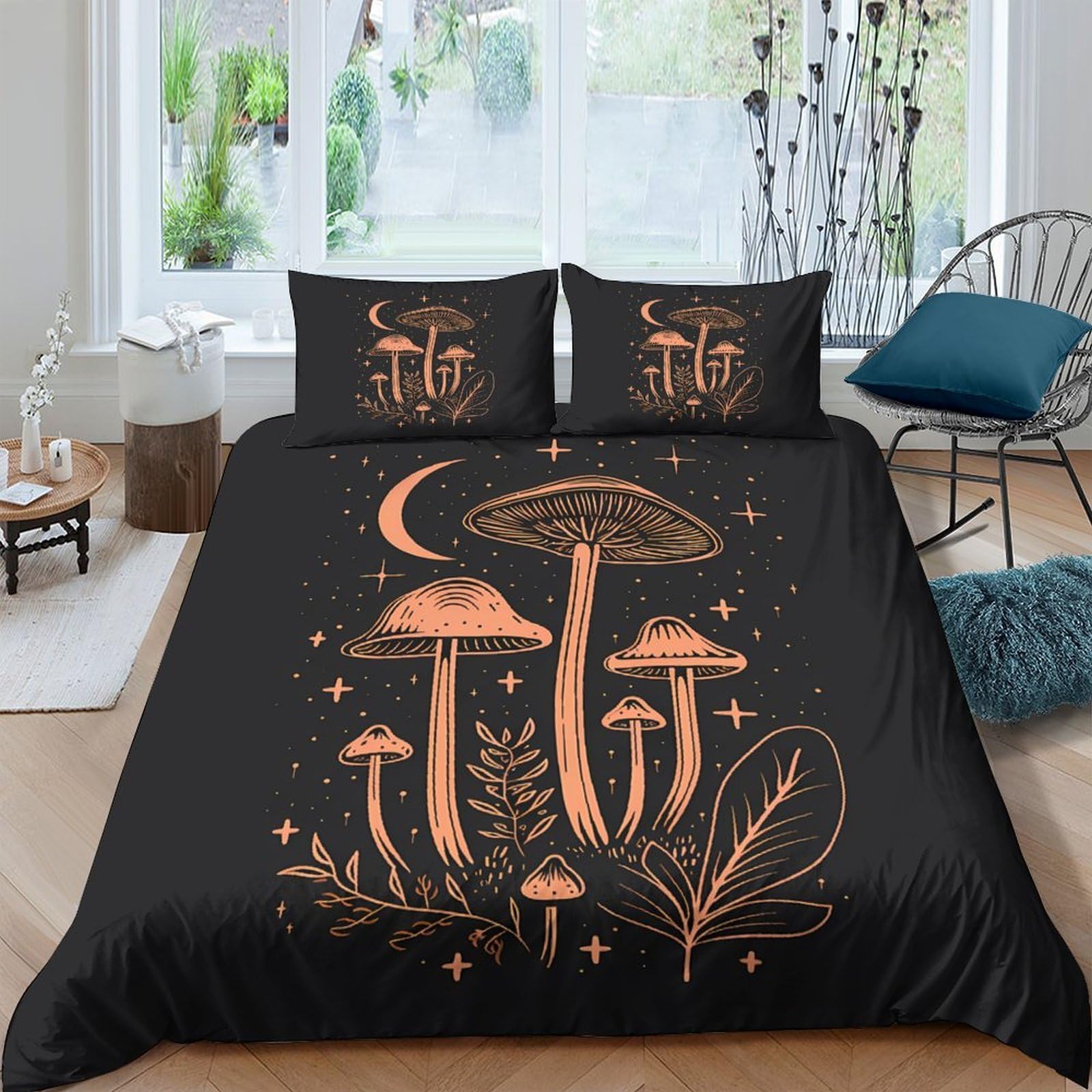 Ctjqhvkz Style-10 3D Printed Mushroom Moon Fitted Sheet Microfiber Soft Black Botanical Bed Cover For Bedroom Dorm Mattress Decor Single（135X200cm）