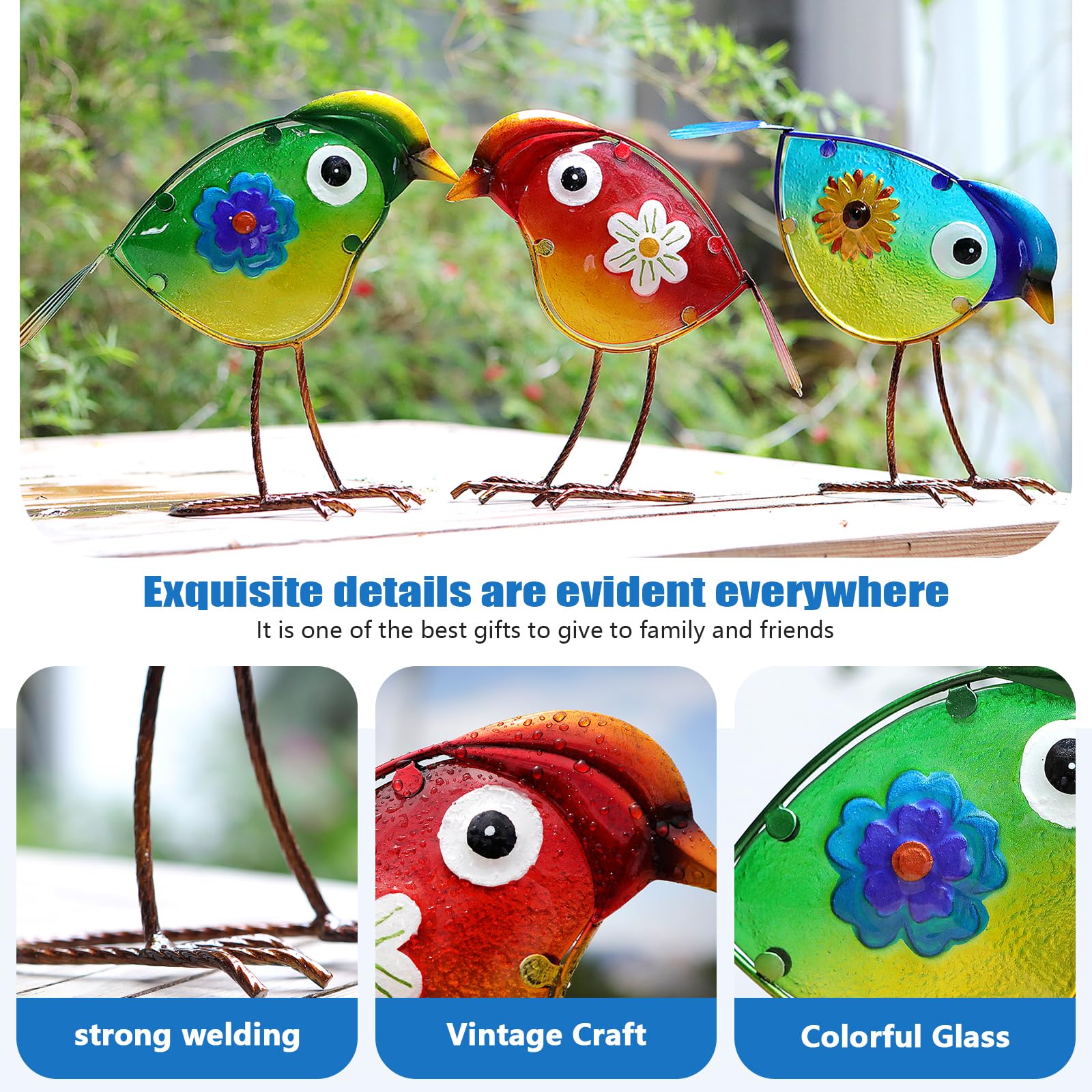 Bird Garden Decor Set of 3 Metal Glass Outdoor Yard Art Patio Lawn Decor view 4
