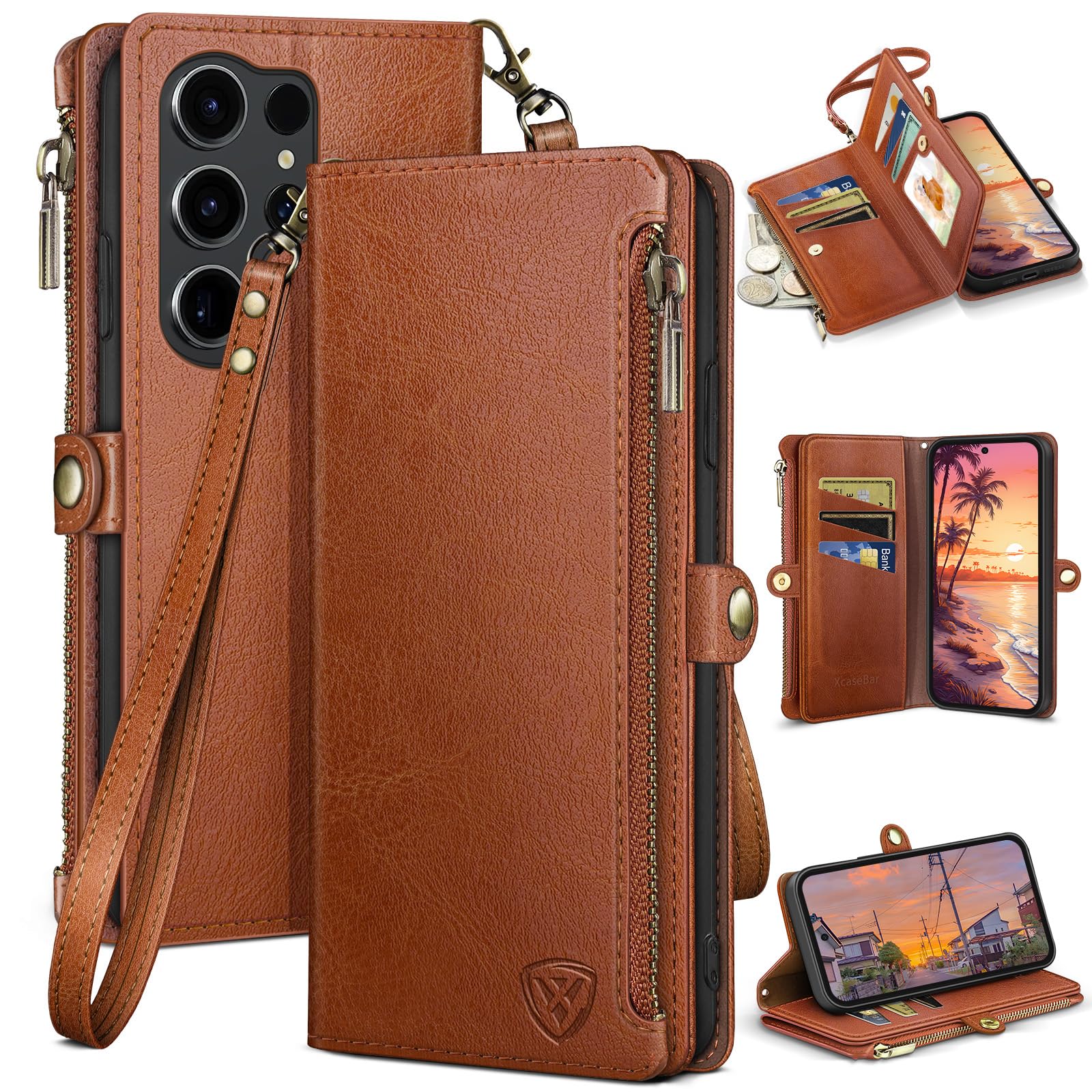 Photo 1 of XcaseBar Compatible with Samsung Galaxy S25 Ultra Wallet case with Zipper Credit Card Holder?RFID Blocking?,Flip Folio Book PU Phone case Shockproof Cover Men Women for S25 Ultra case Light Brown