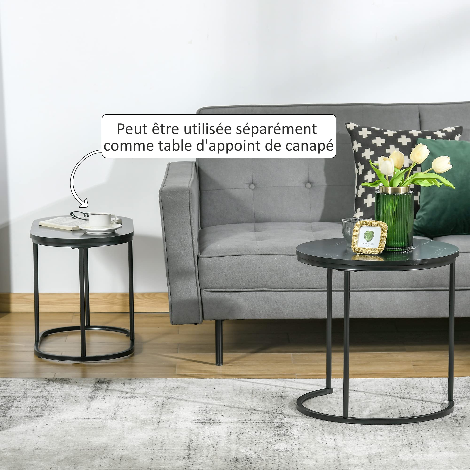 HOMCOM Lot de 2 Tables Basses Tables d'appoint gigognes en Acier et Plateau MDF Aspect marbre - Table Ronde et Ovale - Noir
