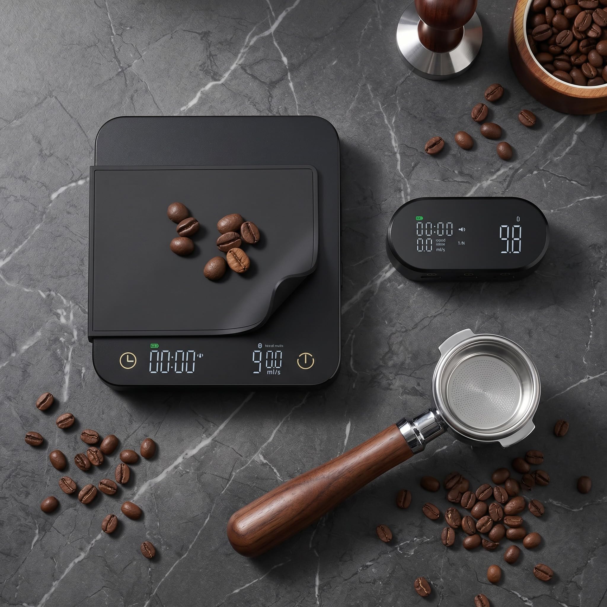 Premium Kaffeewaage mit Funk-Display & Timer – Espresso Waage 0,1g / 3kg mit Flussraten-Anzeige, 5 Modi für Siebträger & Filterkaffee Pour-Over, Digitale Küchenwaage Automatischer Zeitmessung