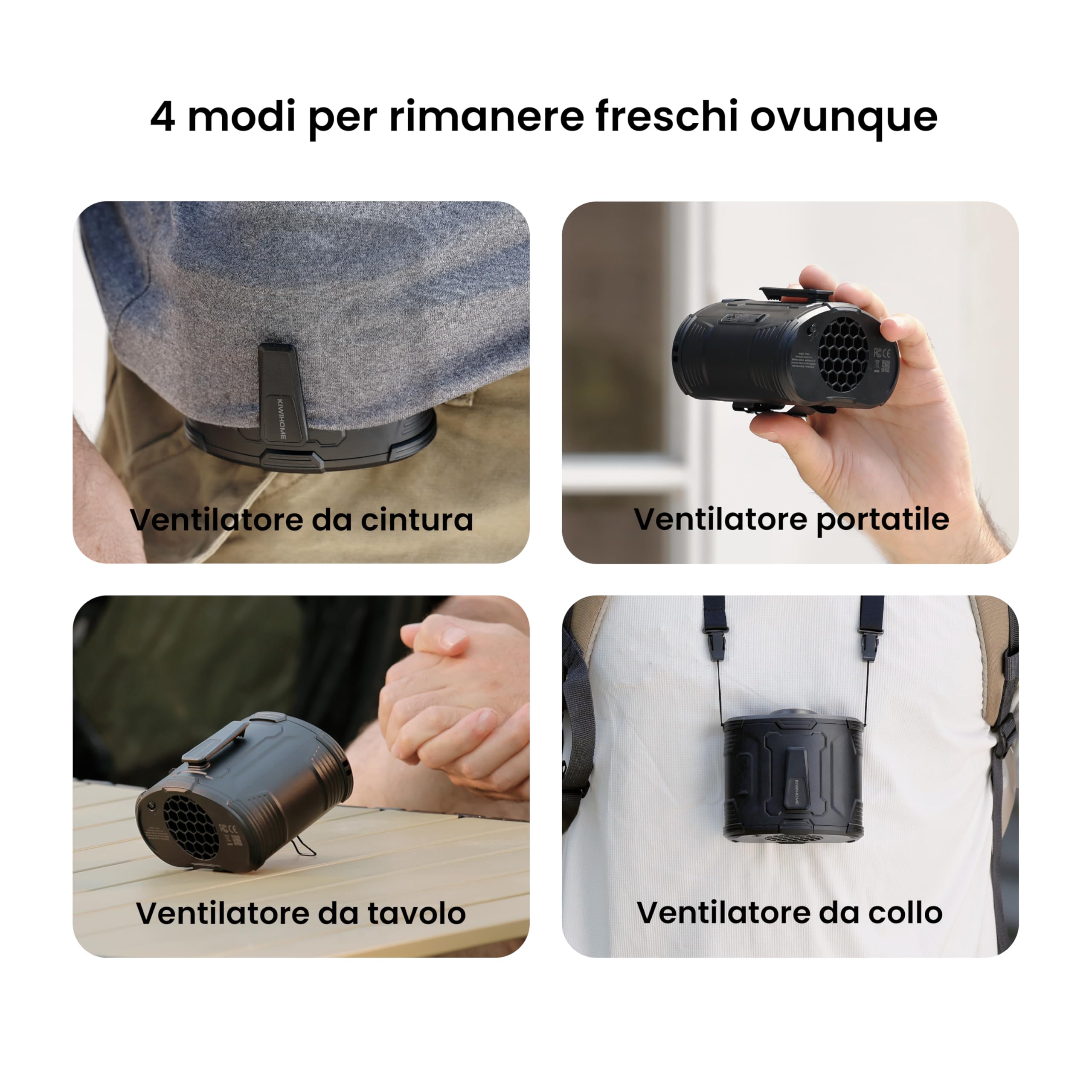 KIWIHOME Ventilatore da Cintura Portatile, Flusso d'Aria Ruotabile a 360° e Regolazione 10°, Ventilatore a Clip con Interruttore Fisico, 4-in-1 per Lavoro all'Aperto, Camping, Viaggi, Estate