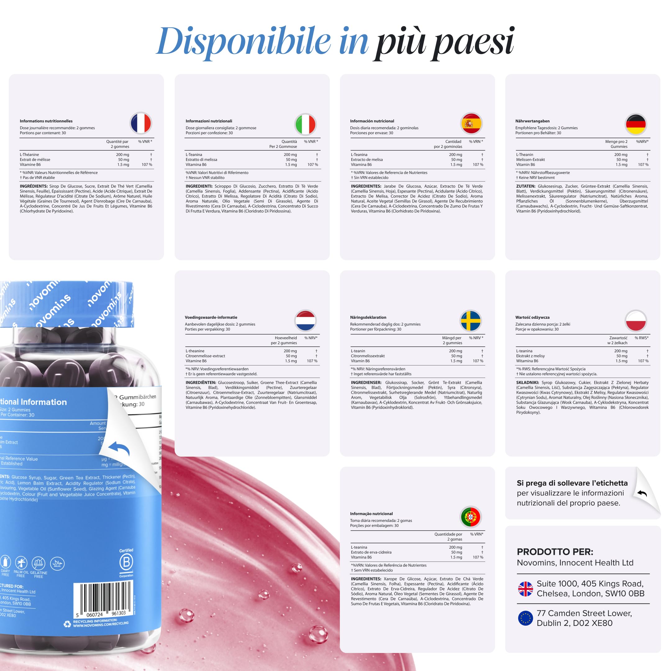 L-Teanina, 200 mg, 60 Gommose, Novomins | Sostiene la Funzione Psicologica, Aiuta a Ridurre la Stanchezza, con L-Teanina e Melissa, Vegano, Halal, Testato da Eurofins