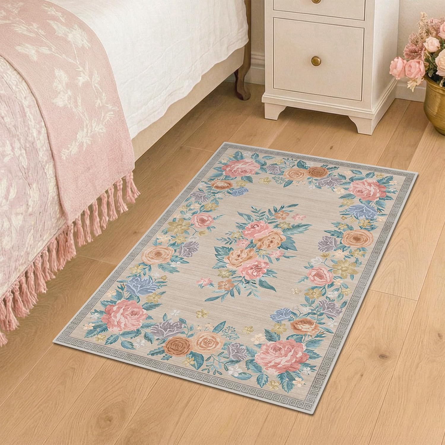 Beige Washable 2x3 Entry Rug, Floral Soft Non Skid Small Indoor Door Mat – Pastel Flower Spring Kitchen Rugs, Low Pile Rose Rug for Bathroom Bedroom, Cottage Stain Resistant Entryway Throw Carpet