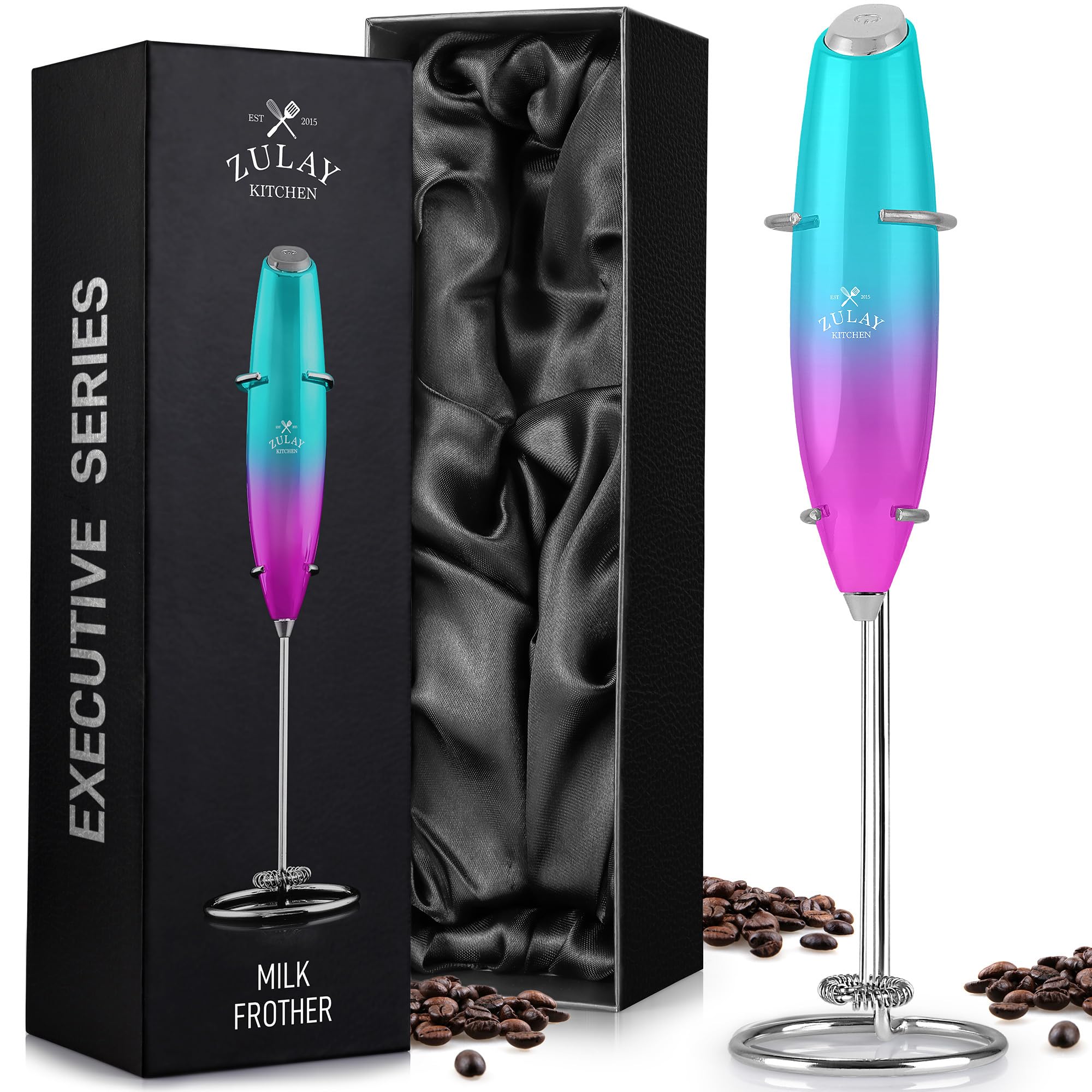 Zulay Executive Series Ultra Premium Gift Milk Frother for Coffee with Deluxe Shiny Finish - Coffee Whisk Handheld Foam Maker - Handheld Milk Frother for Latte (Teal Pink Fade)