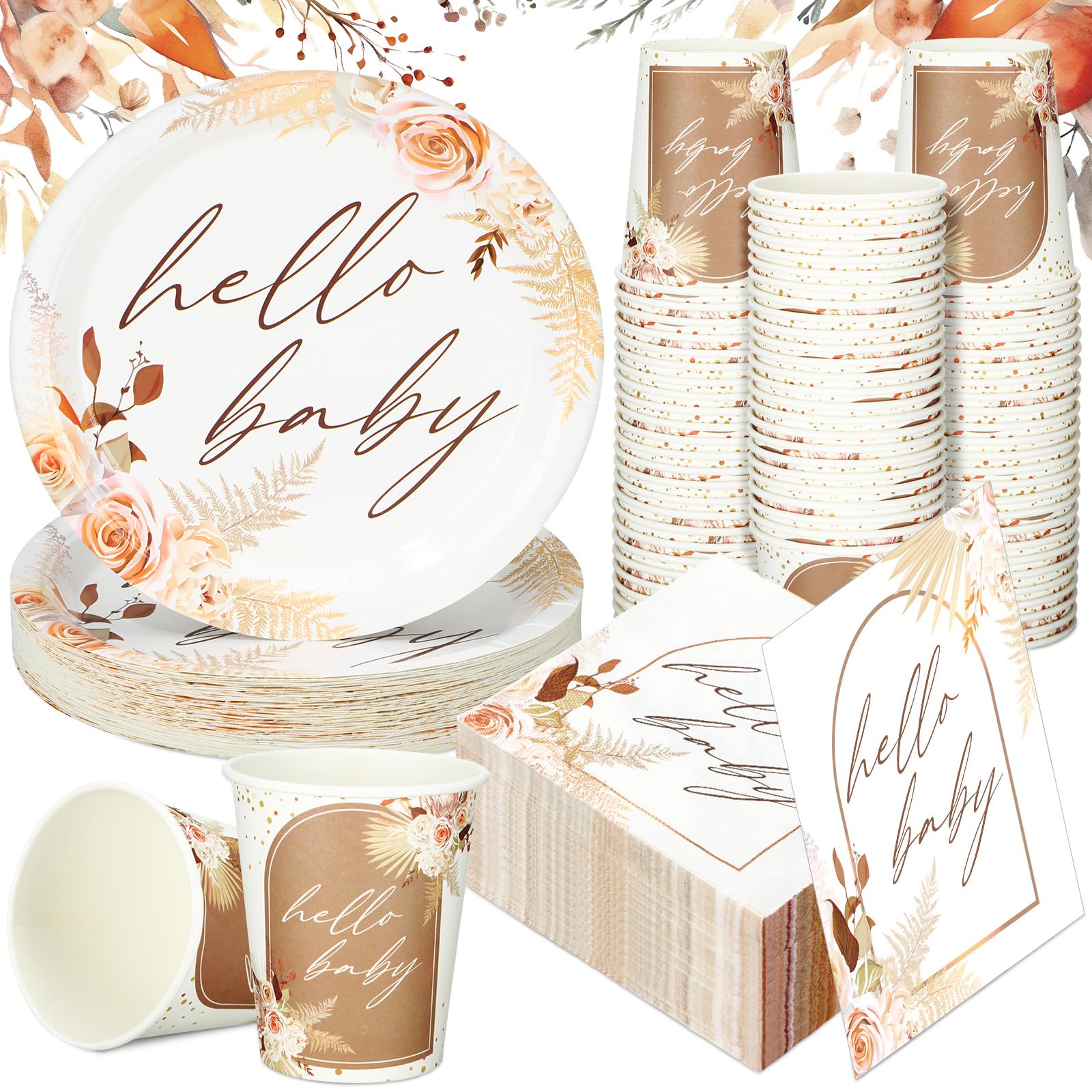 Hushee 200 Pcs Boho Flower Baby Shower Paper Plates Napkins Cups Hello Design Boho Baby Shower Party Supplies Tableware Set Boho Flower Disposable Cup Napkin for 50 Guest Girls Spring Party Decoration