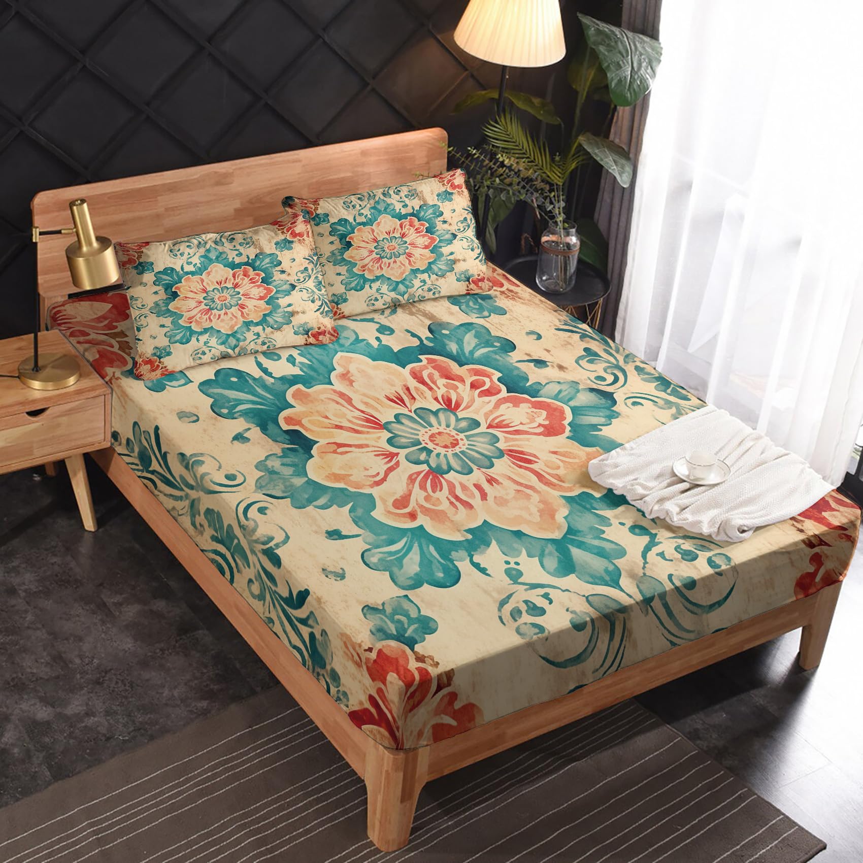 Zvynqour Mandala Bohemia Sheets California King Size - Colourful Boho Art Bed Sheets - Deep Pocket Fitted Sheets & Flat Sheets & Pillowcases 4 Piece Set - 70s Rustic Vintage Retro Bedding & Decor