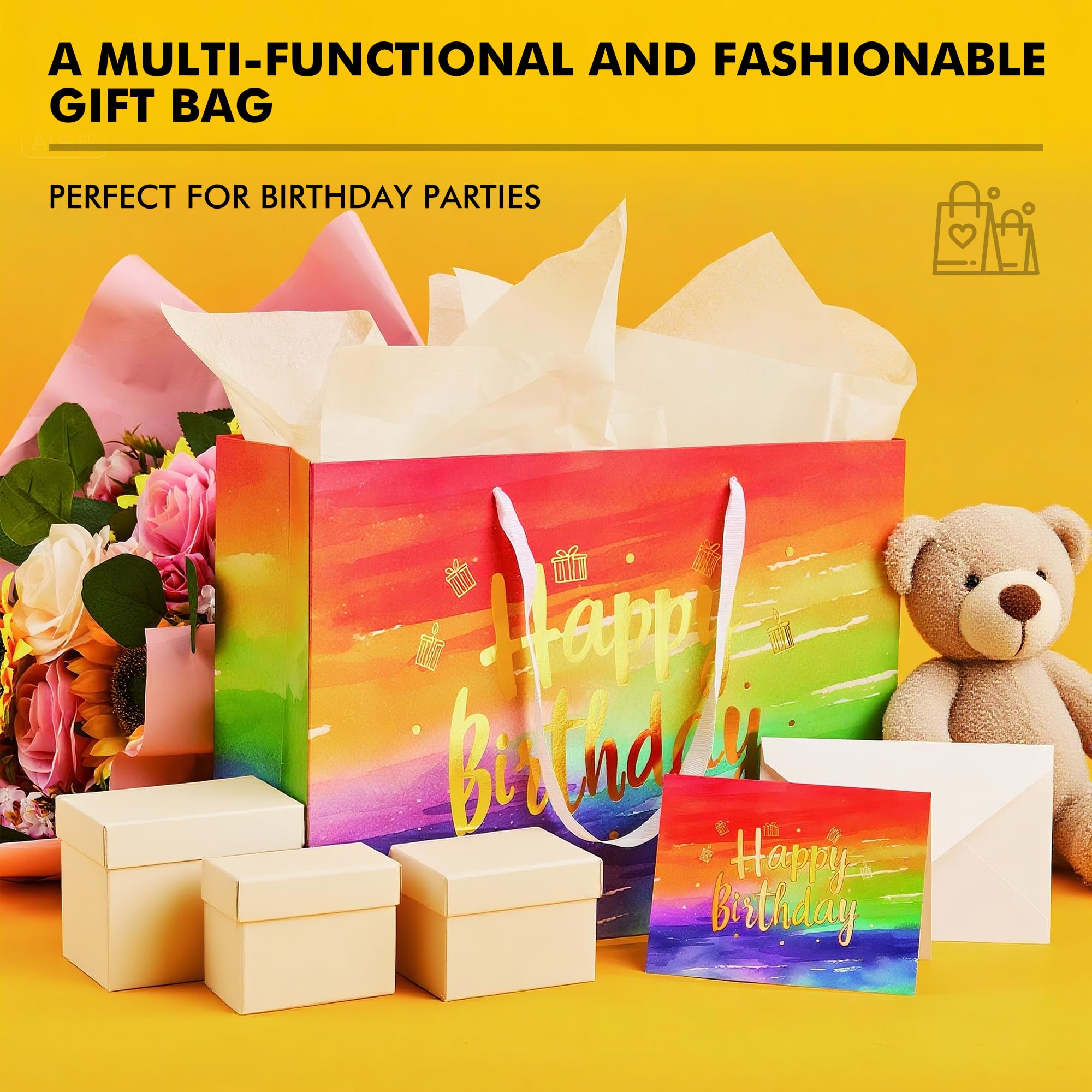 RACETOP 13" Large Happy Birthday Gift Bag with Handle, Tissue Paper and Card, Birthday Bags for Boys, Girls, Men, Women, Party