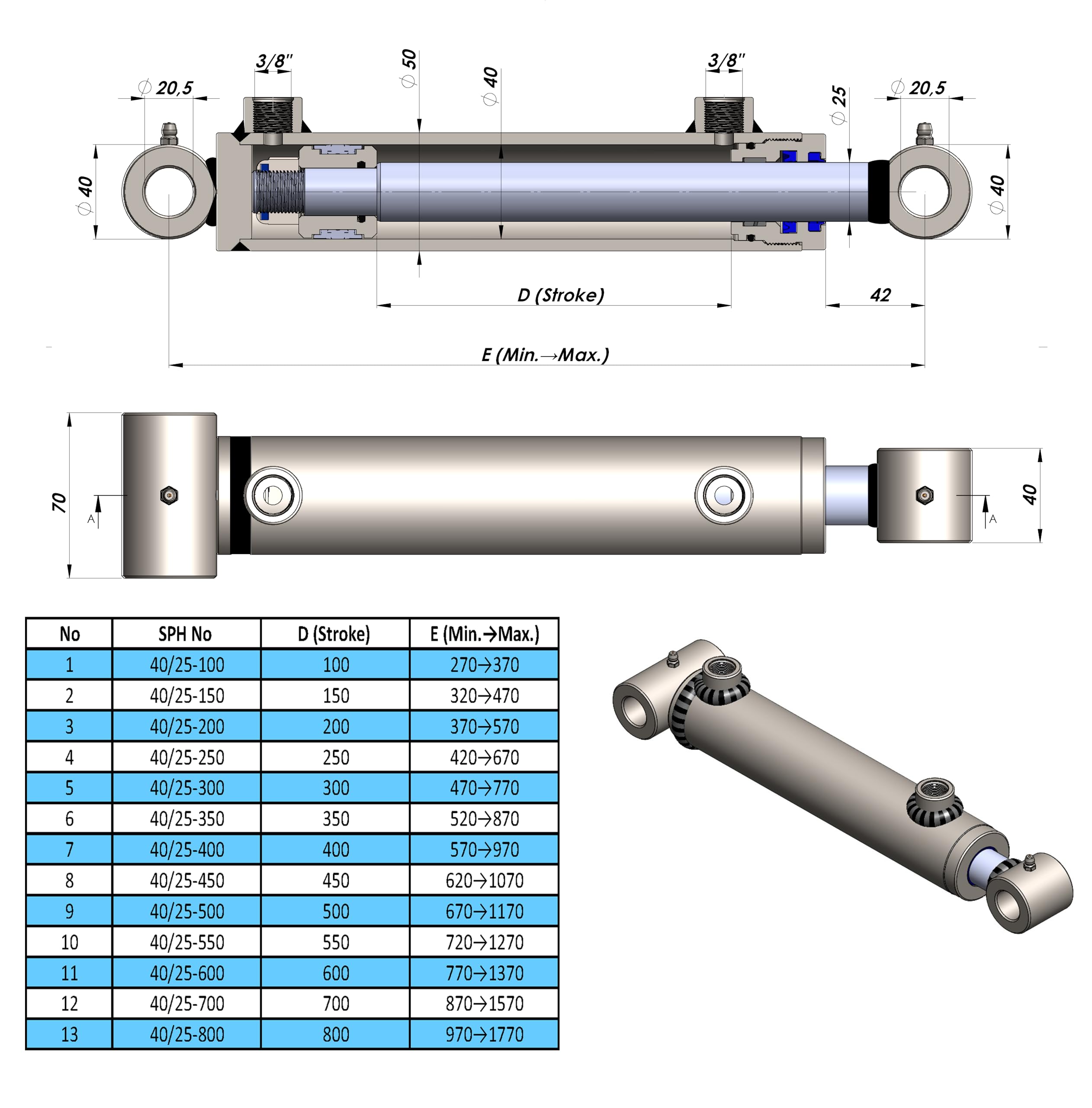 Hydraulikzylinder doppeltwirkend mit Querbuchsen versch. Varianten (40/25, 600 mm)