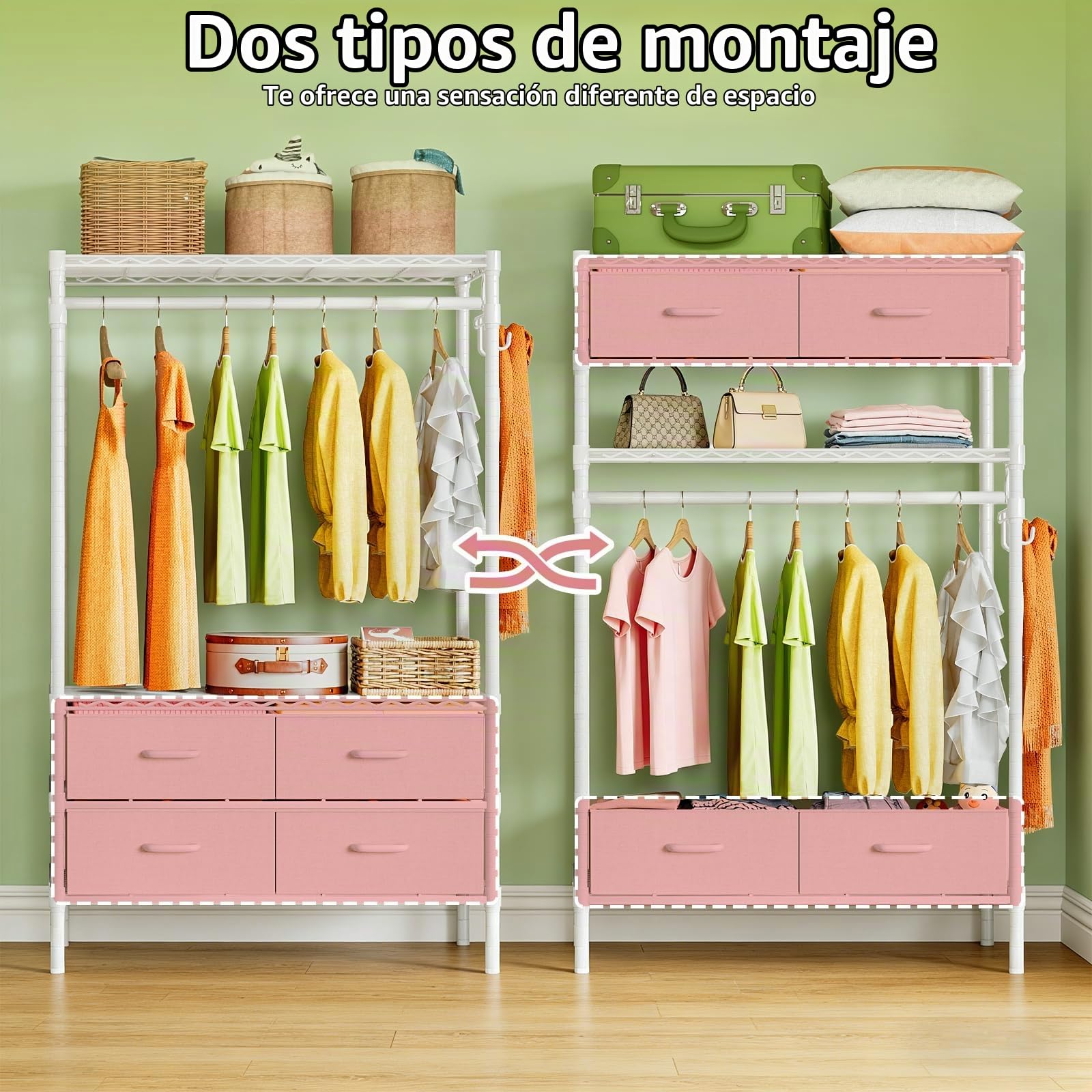 Armario de Ropa de Metal con 4 Cajones y Estantes Ajustables | Blanco, 90 × 40 × 180 cm, Burro de ropa para dormitorio o vestidor