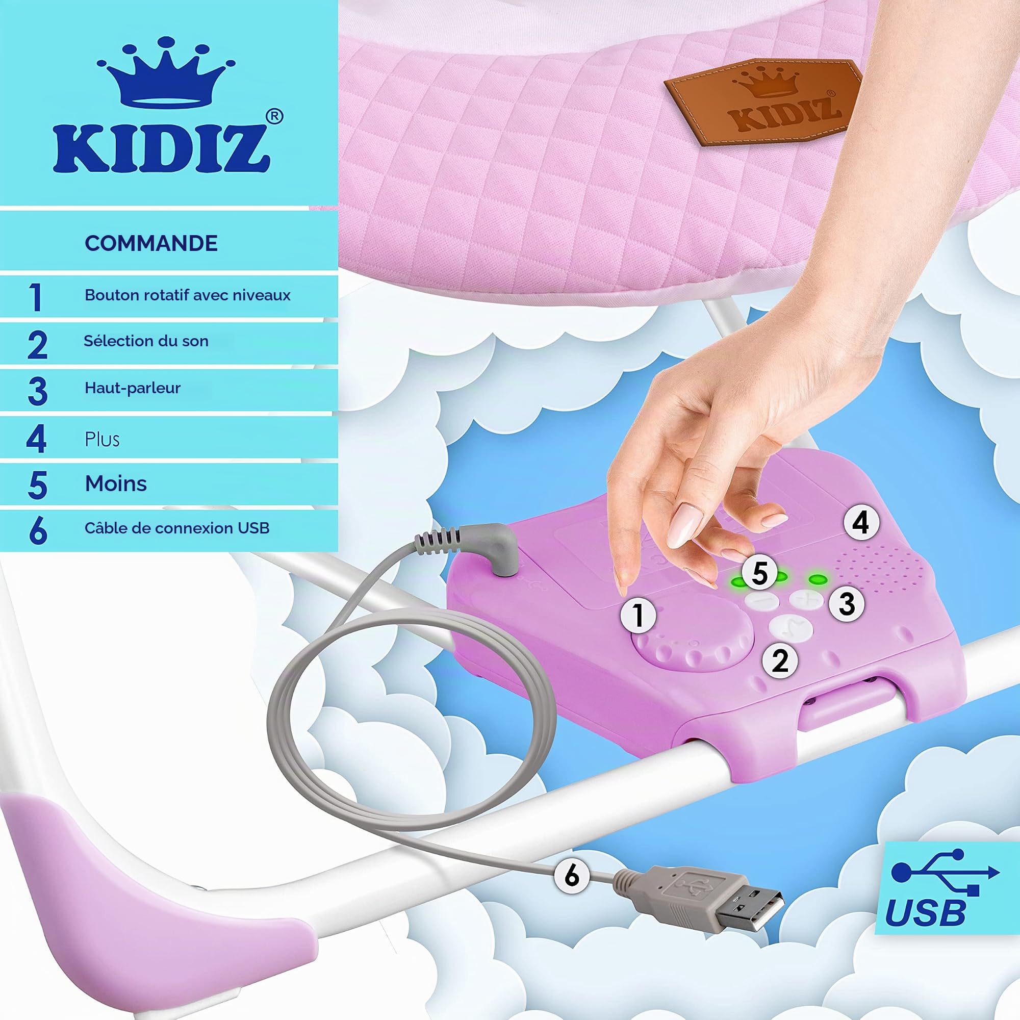 KIDIZ® Balançoire bébé 5 vitesses pliable transat chaise haute arche jeu jouets sons nature