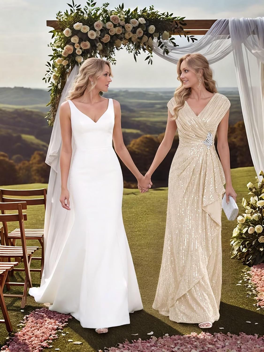 Sequin Long Mother of The Bride Dress Cape Sleeves V Neck Formal Dresses for Women Ruched Corset Evening Gown