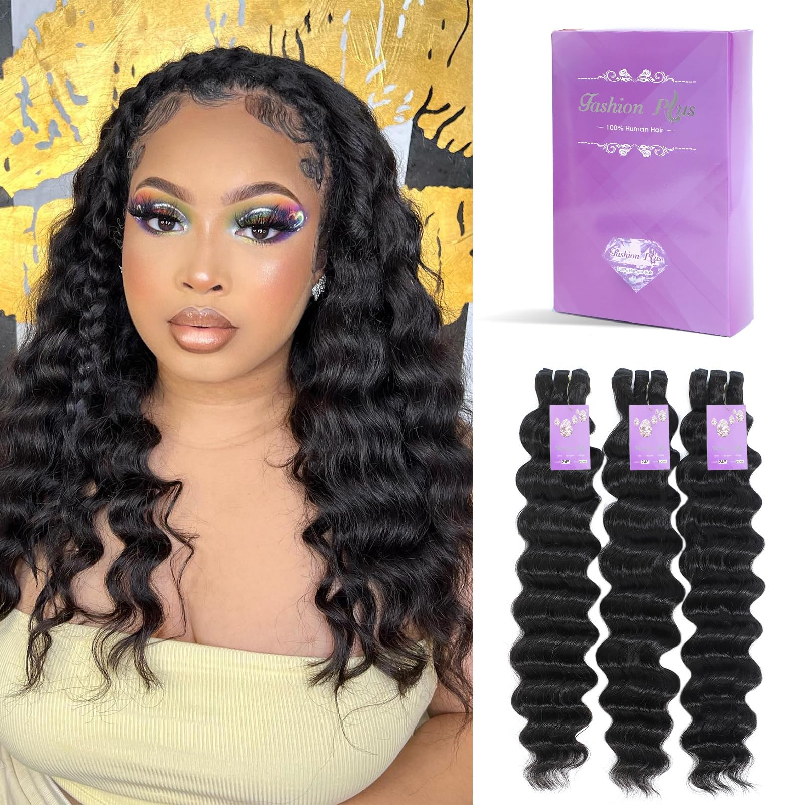 FASHION PLUS Raw Human Hair Bundles, Loose Deep Wave Bundles Human Hair 10 12 14 Inch Loose Wave Bundles Human Hair Real Raw Bundles Thick and Soft, Triple Lifespan