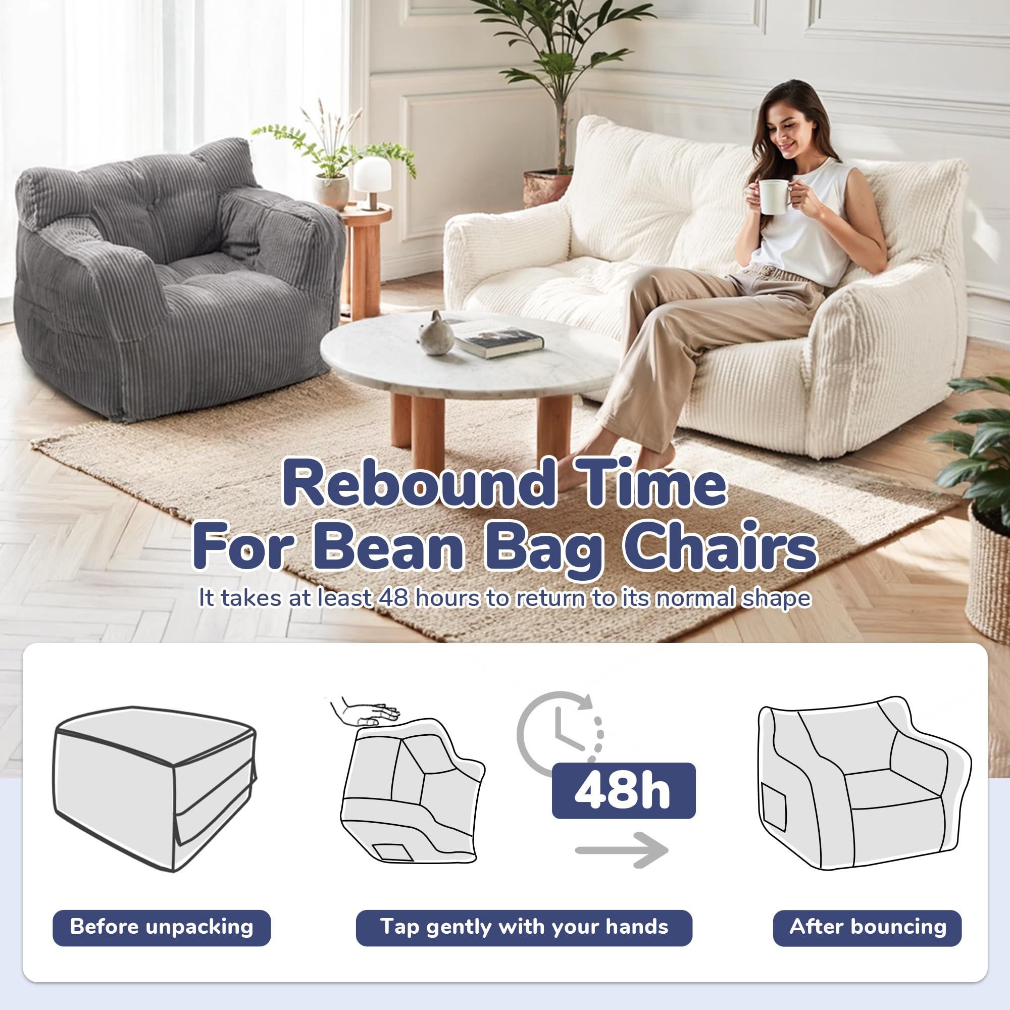 Icon Nimbus Pouf Velours Côtelé, Pouf Geant Avec Mousse Remplissage, Fauteuil XXL, Fauteuil Salon Confortable, Meubles De Salon, Beige