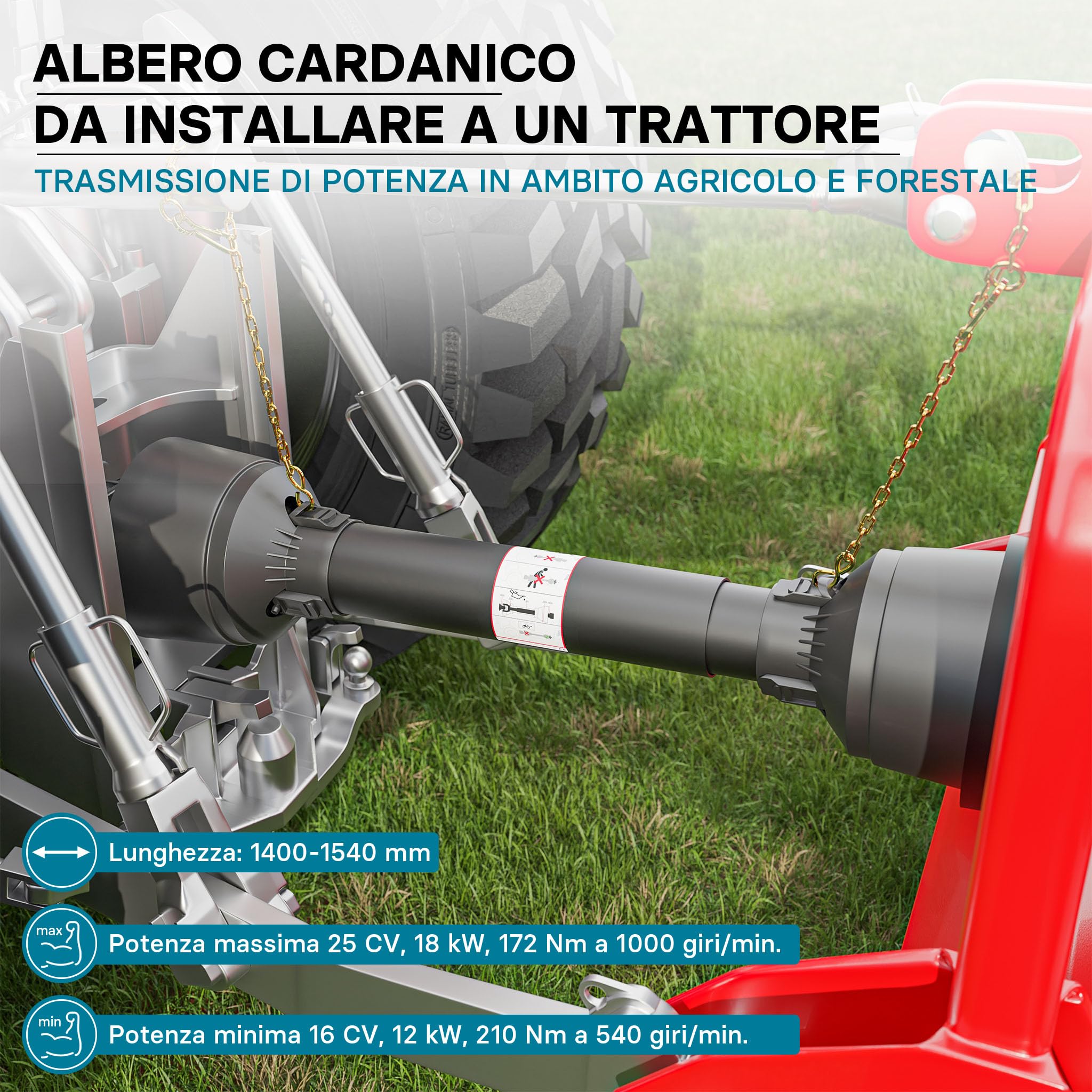 Wiltec Albero cardanico T1 Giunto cardanico 1400-1540mm 210Nm 540rpm Cardano 18kW (25CV) 2X 1 3/8" 6 Denti