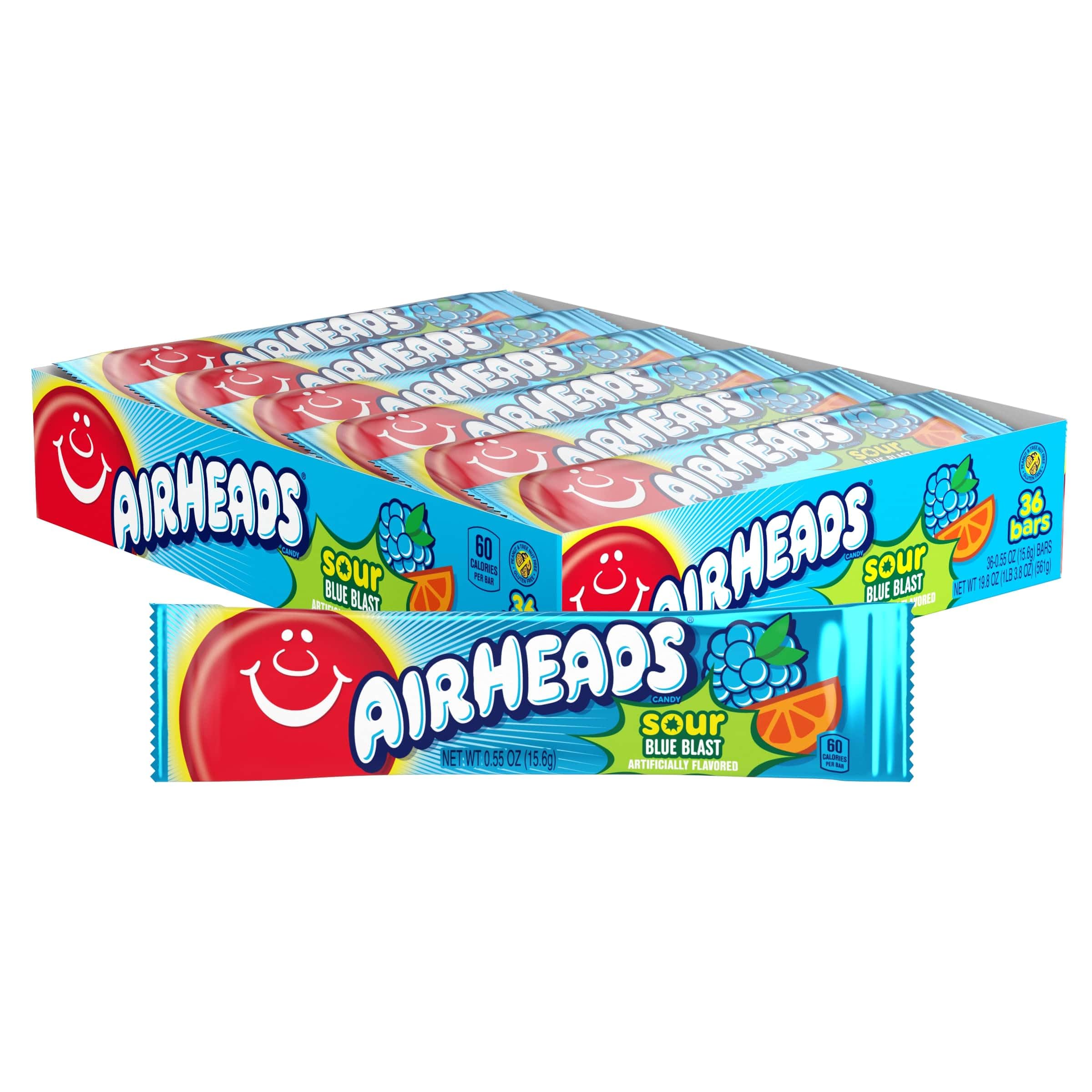 Airheads Sour Full-Size Candy Bars, Taffy, Sour Blue Blast, Individually Wrapped Candy, 36 Count