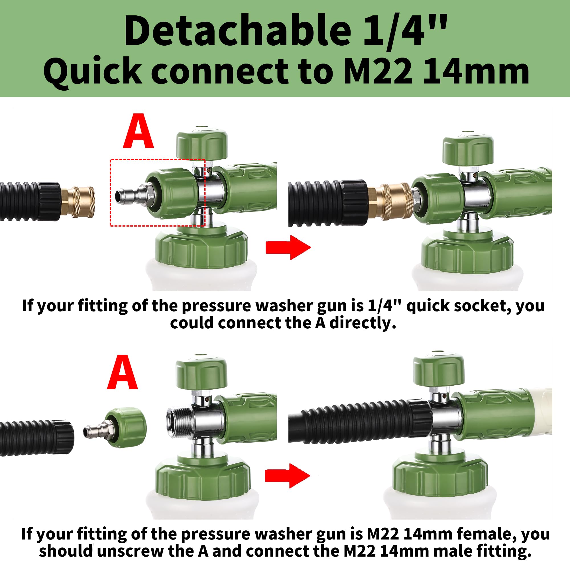 FENG PAI Cañón de espuma para lavadora a presión con accesorio de doble conector y 7 boquillas pulverizadoras de lavadora eléctrica, accesorio de doble punta para cañón de jabón, conexión rápida de 1