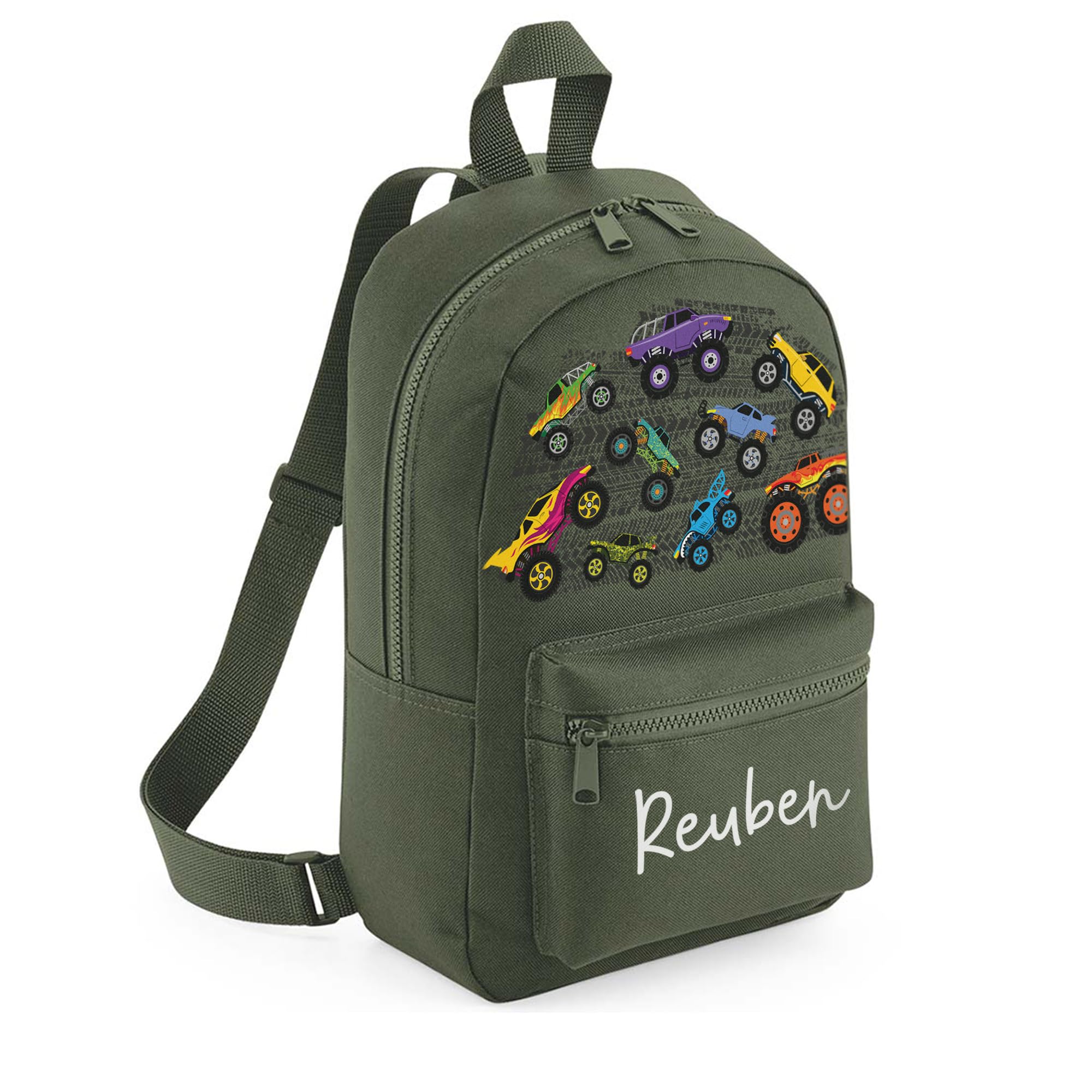 A1 Graphics Ltd Personalised Monster Trucks Kids Backpack Custom with Name Choice of Colours Motocross School Bag with Adjustable Straps For Children & Toddlers (Olive Green)