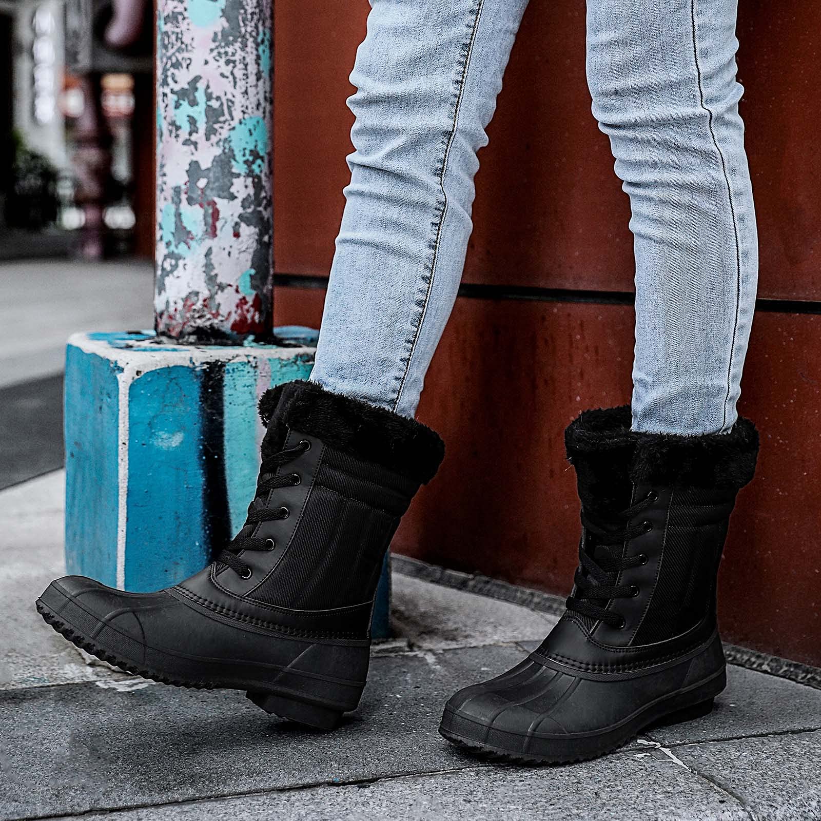 Damskie zimowe buty z kaczką wodoodporne buty przeciwdeszczowe na zewnątrz ciepłe buty śniegowe, czerń 2, 37.5 EU