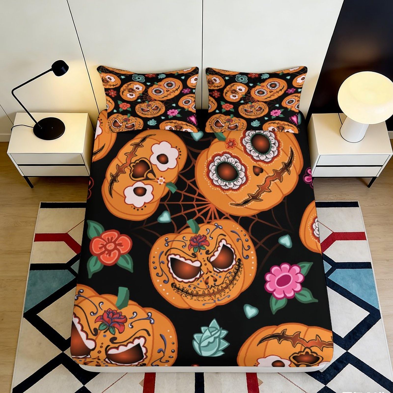 3D Printed Pumpkin Halloween Fitted Sheet Microfiber Soft Black Orange Skull Bed Cover for Bedroom Dorm Decor 90x200x25cm