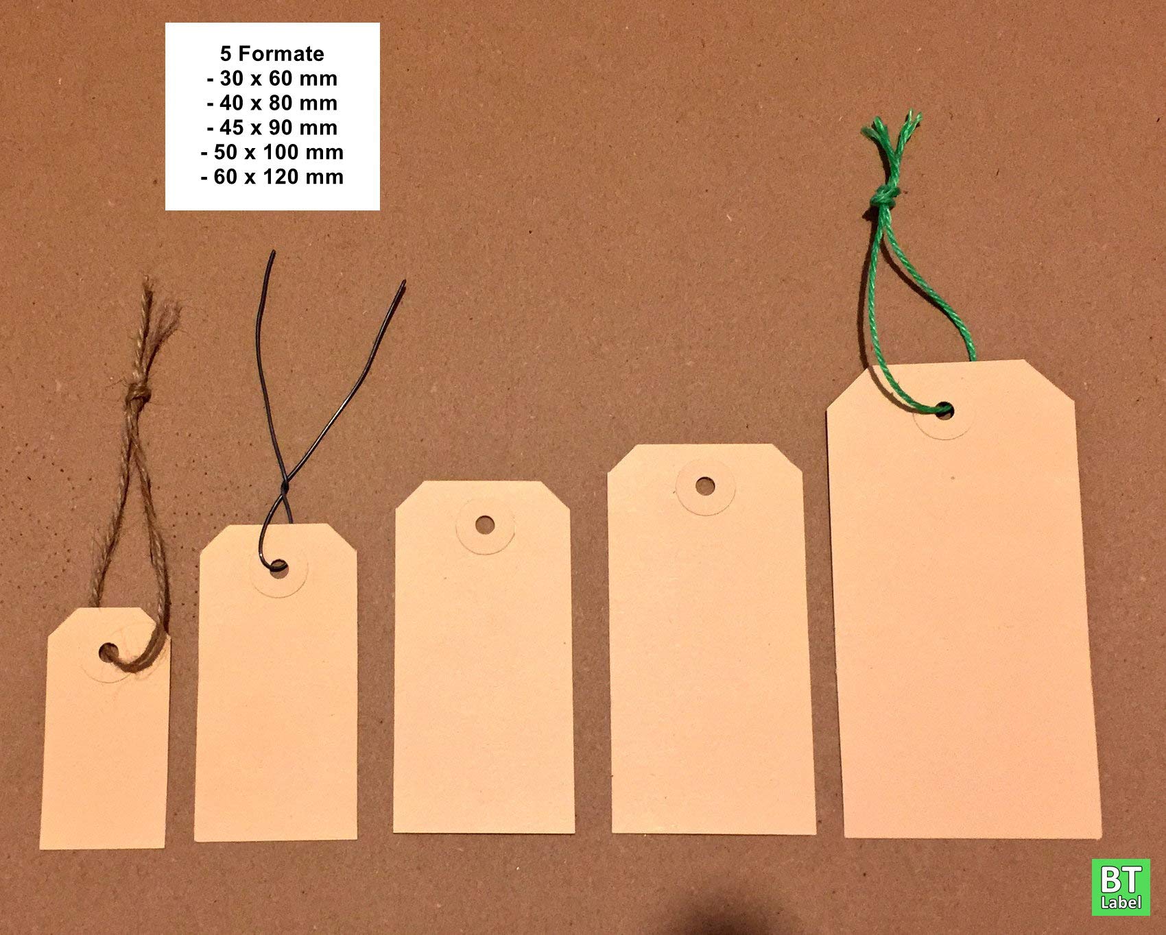 1000 cartellini da appendere, da 60 x 120 mm, con foro (occhiello in cartone rinforzato), ideali da usare come etichette per merci, cartoncini, bigliettini, ecc.