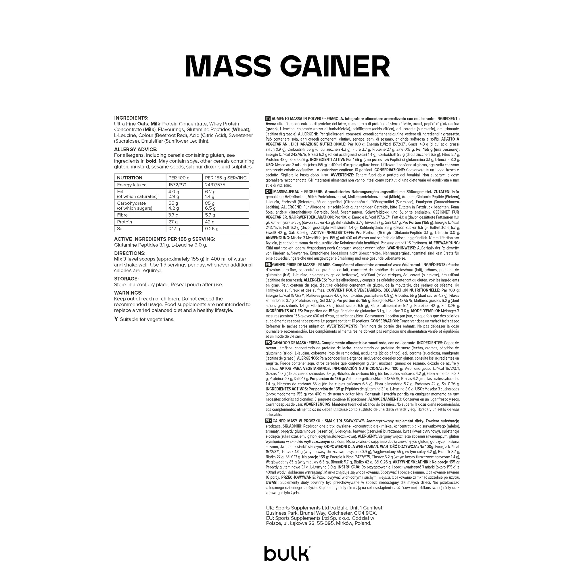 Bulk Mass Gainer Completo, Fragola | 16 porzioni, 42g proteine per porzione, 85g carboidrati, 500 kcal per porzione, Gainer ipercalorico