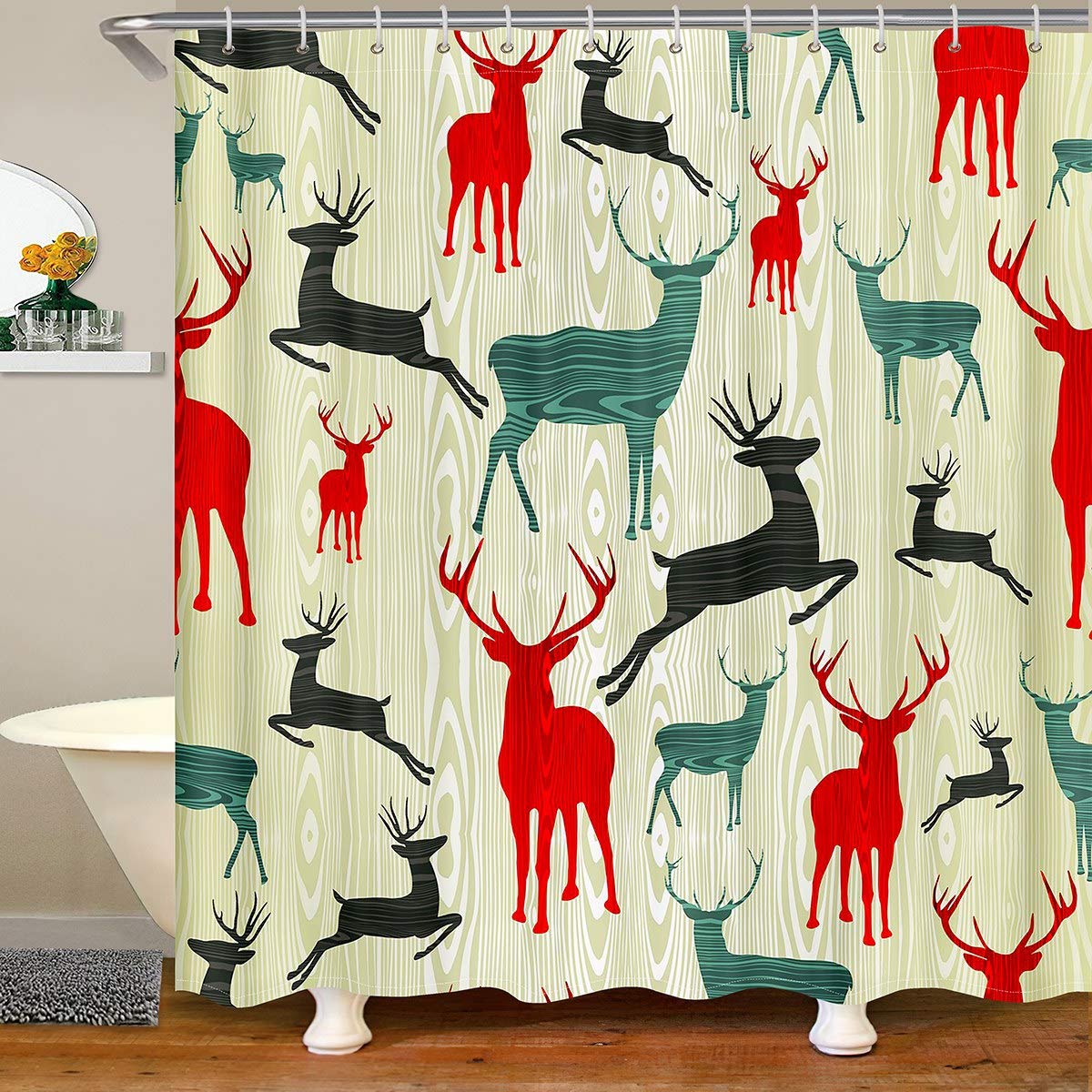 Loussiesd Elk Fabric Bathroom Shower Curtain Colorful Deers Pattern Waterproof Shower Curtains Wild Animal Theme Shower Curtain with Hooks Natural Wildlife Design Curtain,180x240cm
