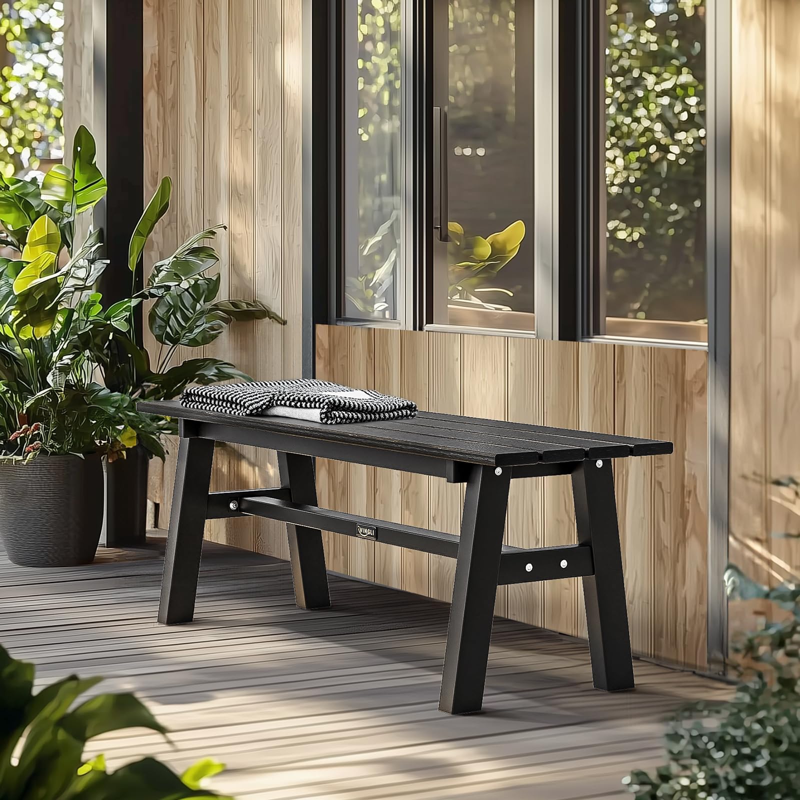 Bonnlo Banc de Jardin en Acier et HDPE, Banc Extérieur sans Dossier, Banquette de Jardin en Métal pour Patio, Terrasse, Balcon, Jardin, 118 x 36 x 42 cm (Noir)