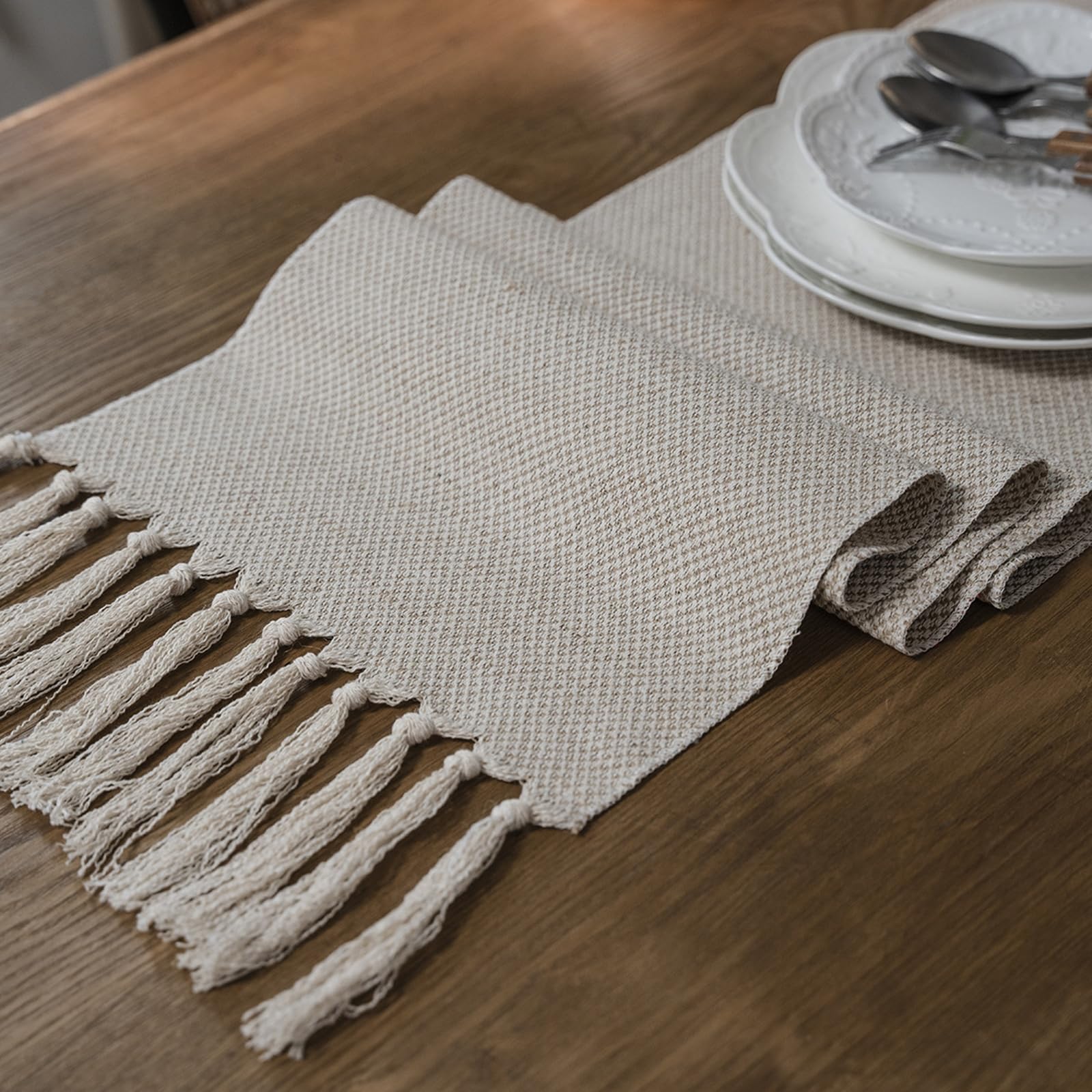 Beige Tischläufer Polyester, Makramee Boho Tischläufer Dekostoff Abwaschbar Tischband Einfache Einfarbig Gewebter mit Quasten Tischdecke für Küche Esszimmer Dekor, 33x240 cm, Beige