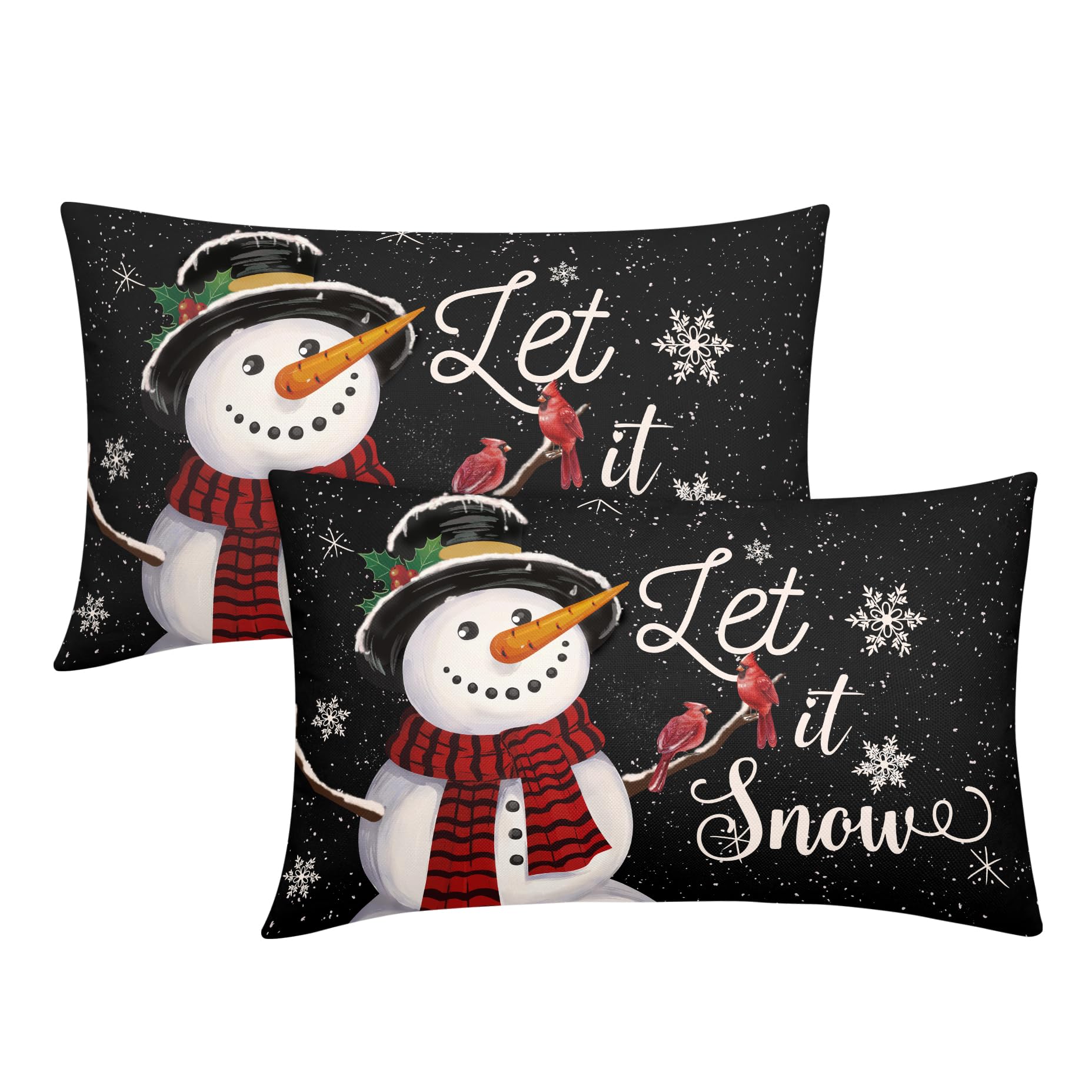 2 Weihnachts-Kissenbezüge „Let It Snow“ – 30x50 Cm, Schwarz Mit Schneemann | Aus Polyester-Leinen | Für Sofa, Couch & Deko