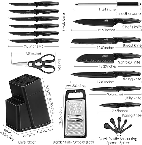 Miniatura 2 de HaWare Juego de cuchillos de cocina de acero inoxidable de 21 piezas, juego de cuchillos de chef negros con 6 Kinves para carne, cuchara medidora y