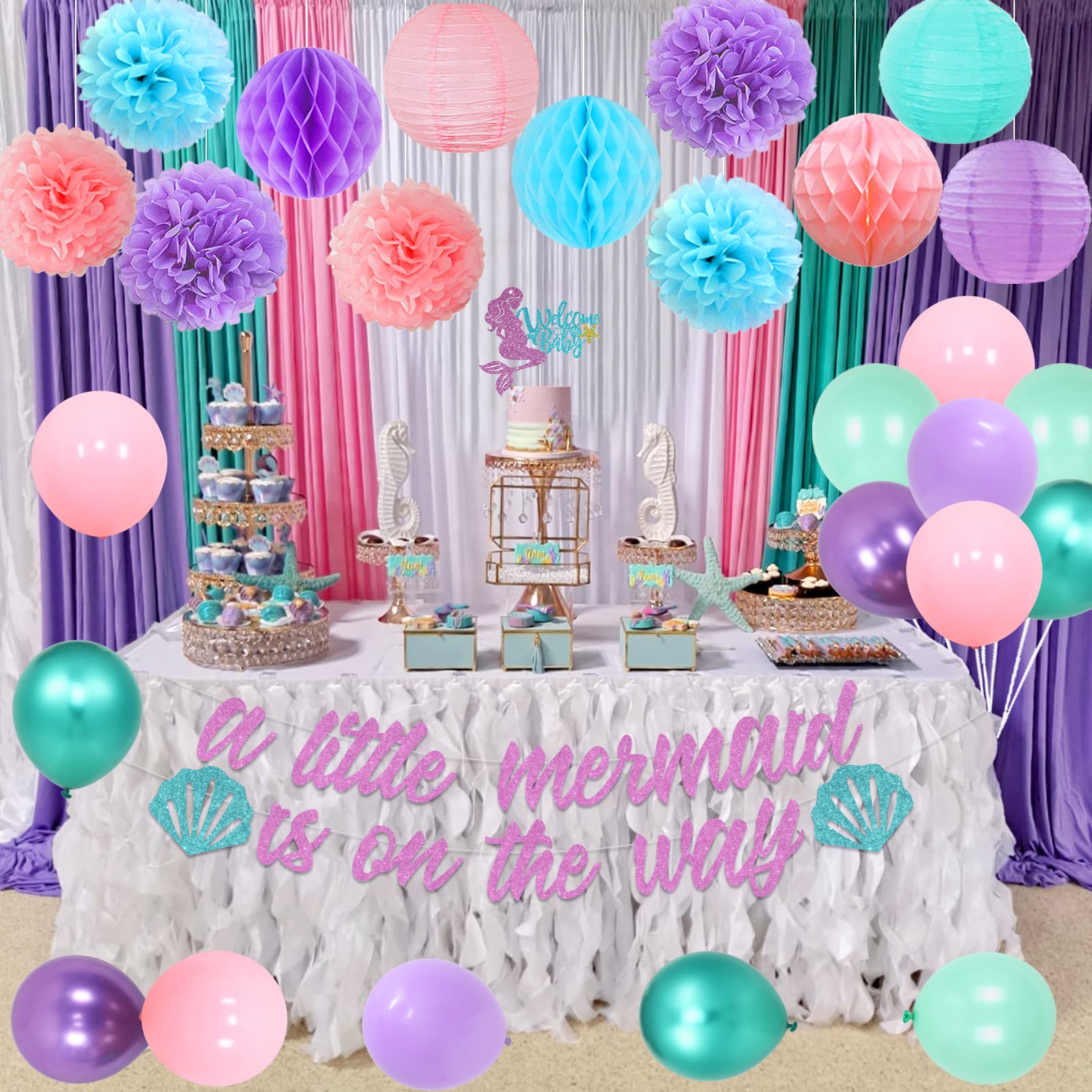 52 Pcs Mermaid Hanging Swirl Decorations - Ocean Theme Ceiling Streamers For Birthday, Baby Shower