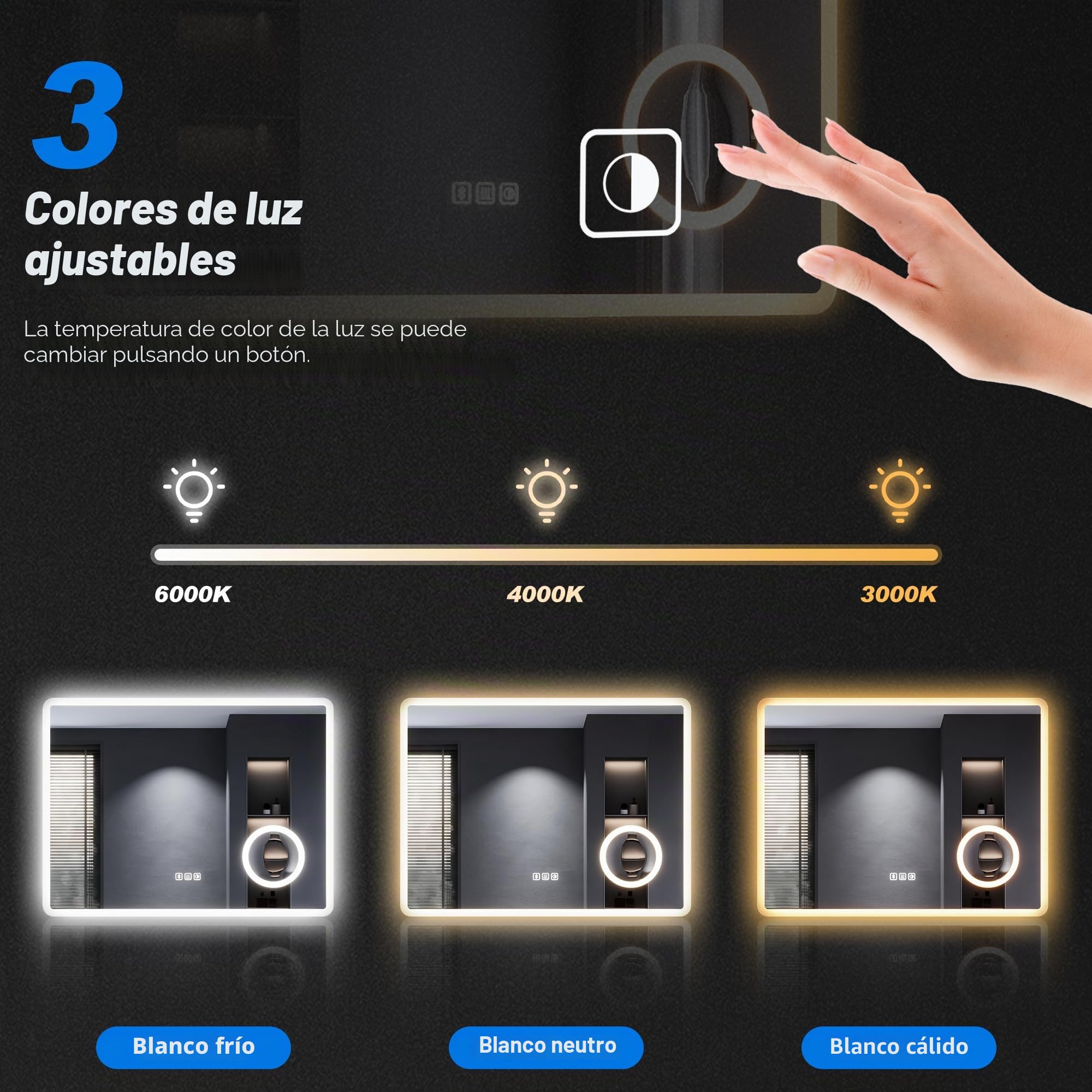 SONNI Espejo de baño LED con Bluetooth 100x60 cm, espejo de baño con iluminación y táctil, enchufe, 3 colores de luz, función antiempañamiento y de memoria, 3 aumentos