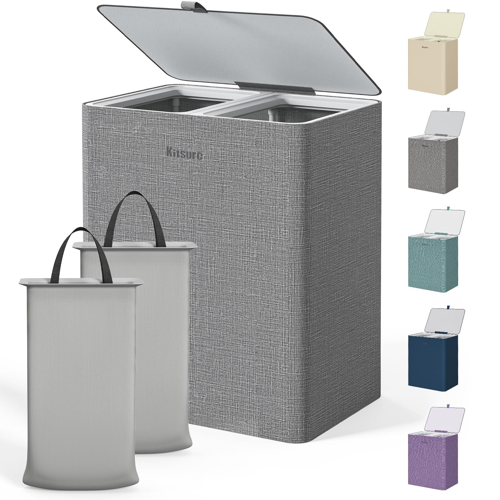 Kitsure Wäschekorb mit Deckel 160L, 2-Fächer, herausnehmbare Beutel