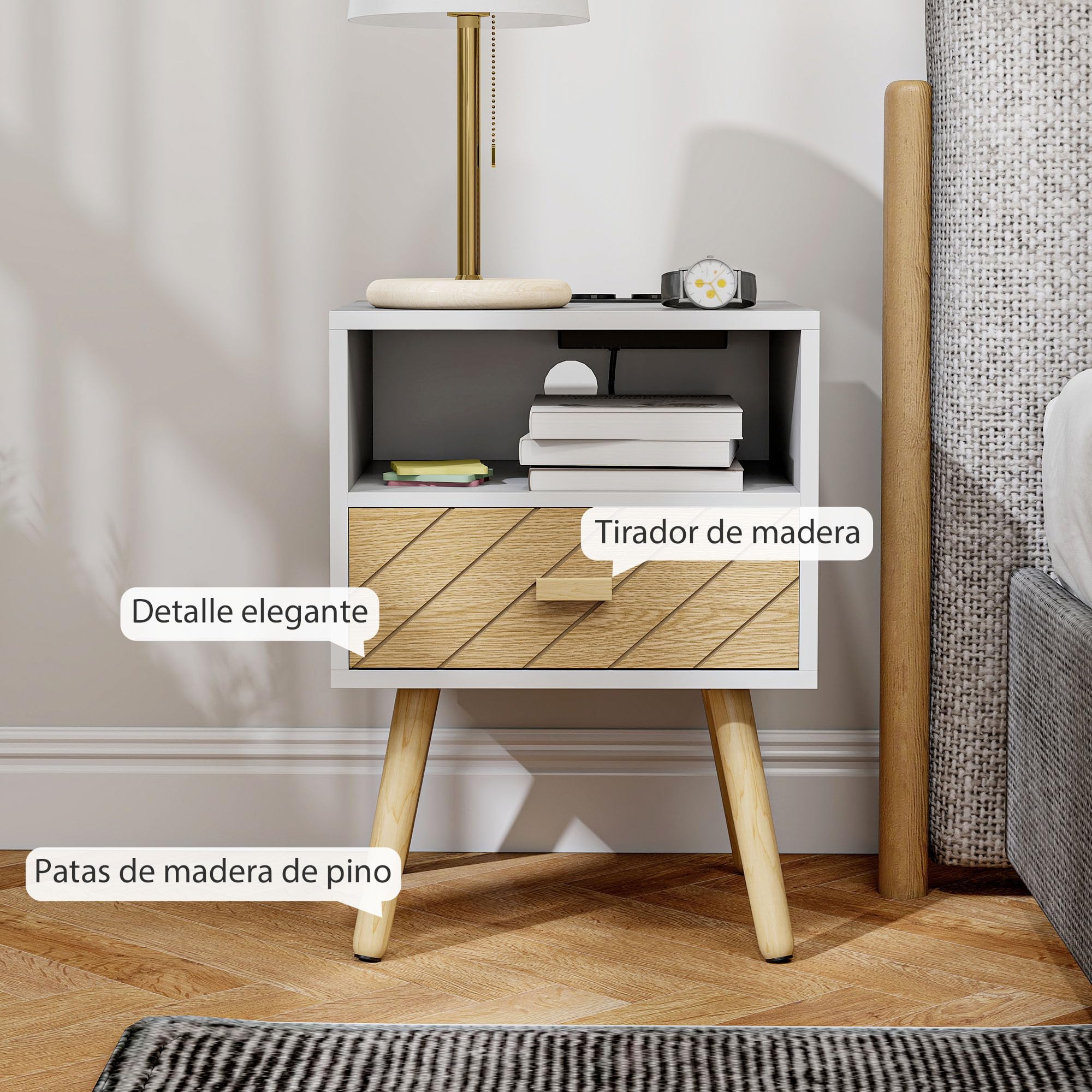 HOMCOM Mesita de Noche con Estación de Carga, Mesilla de Noche con Cajón, 2 Tomas AC, Puerto USB y Tipo-C, Compartimento Abierto, Patas de Madera, para Salón, Dormitorio, Blanco