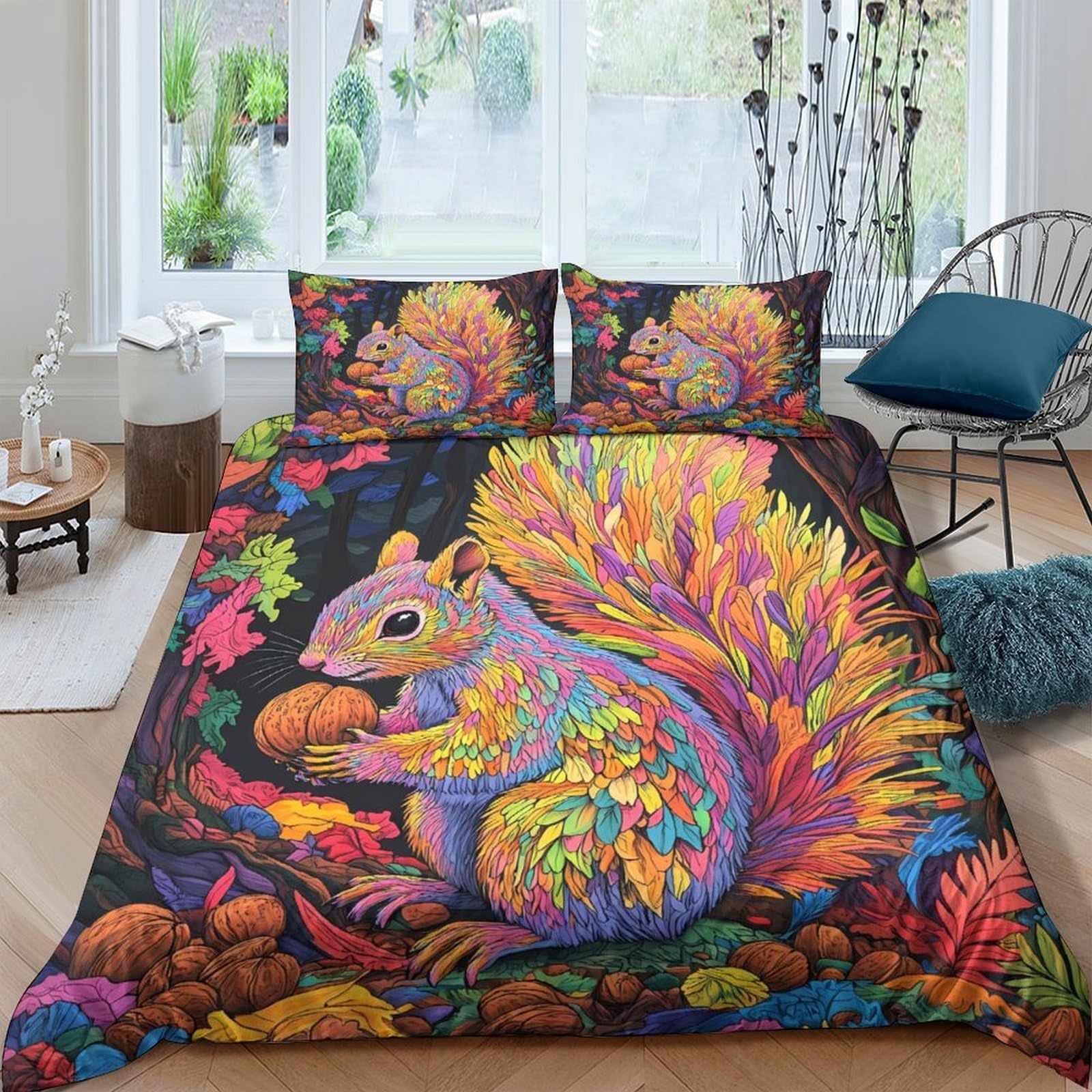 Ctjqhvkz Style-7 3D Printed Colourful Squirrel Fitted Sheet Microfiber Soft Autumn Forest Bed Cover For Bedroom Guest Room Decor Single（135X200cm）