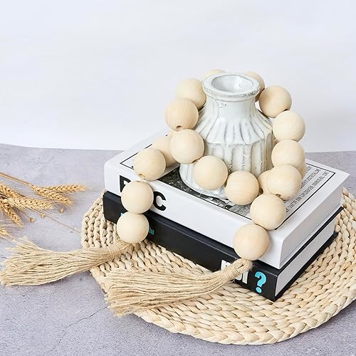 Guirnalda de cuentas de madera grandes de granja con cuentas de madera grandes de 1.6 pulgadas y borlas de 50 pulgadas, cuentas decorativas para