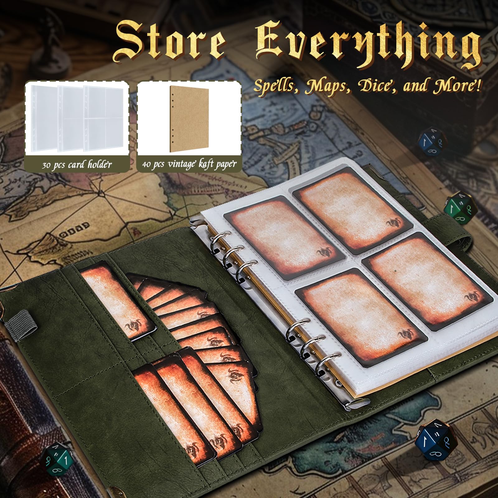 Foliant of Recollection TTRPG Porte-cartes avec sort magique pour DnD/RPG, livre de magie de poche et porte-cartes de référence, accessoires de jeu pour débutants et maîtres DnD avec 40 cartes de