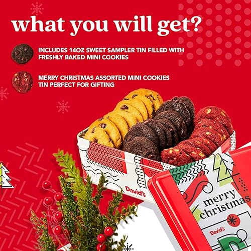 Miniatura 7 de David's Cookies Mini galletas navideñas en lata de muestra dulce, mini galletas navideñas surtidas con chispas de chocolate y chocolate blanco