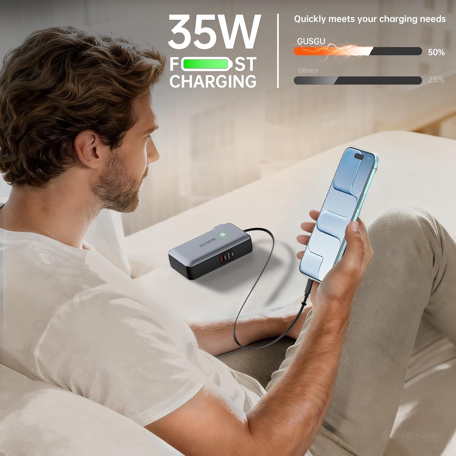 GUSGU X3 10,000mAh Power Bank with Foldable Plug, Retractable USB C Cable &Type-C/USB-A Ports, 35W PD Max Fast Charger for MacBook Air/Pro, iPad, iPhone 17/16/15, Galaxy S24/S23 and More